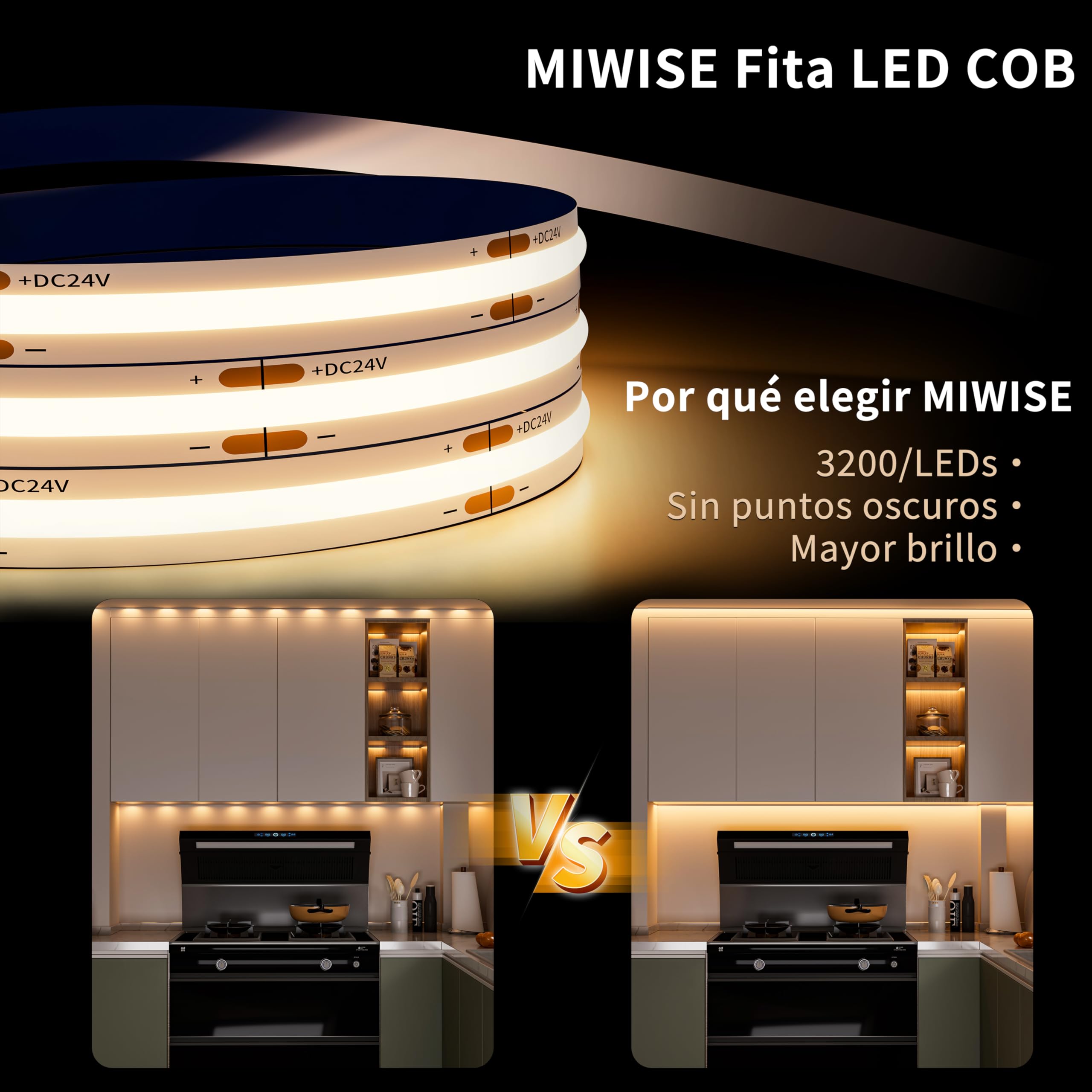 MIWISE COB LED Strip Light 32.8ft/10m,CRI 90+ Warm White 2700K High Lumen Dimmable Super Bright Flexible DC24V LED Tape Light with Controller/Dimmer,for Cabinet Home Office DIY Lighting Projects