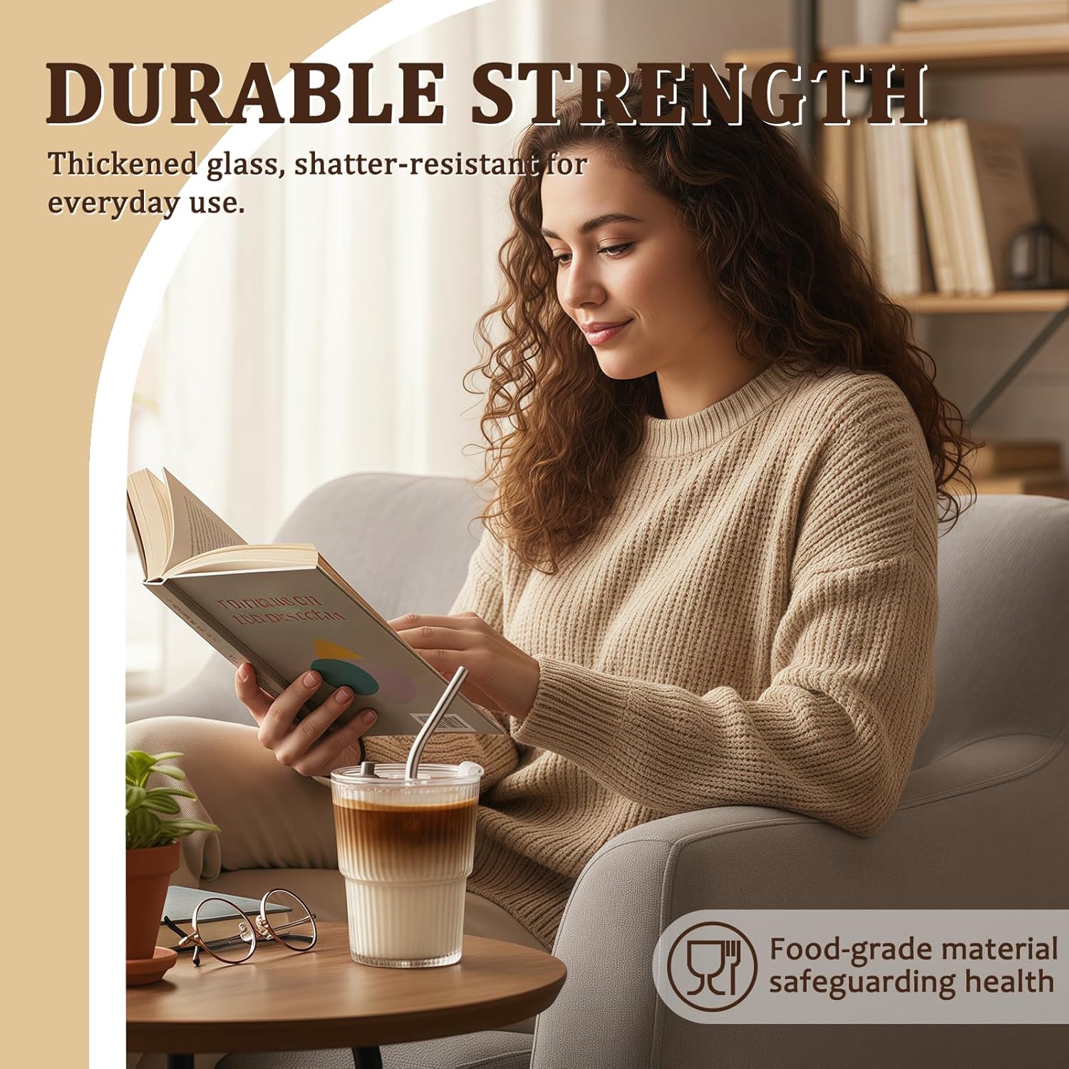 4 Packs Ribbed Glass Tumbler with Lid and Straw 13 oz Cute Ice Coffee Cup Set for Smoothie Juice Matcha Tea Latte Cappuccino Espresso Hot Coffe Water Reusable Clear Travel Boba Aesthetic Drinking Mug - Image 3