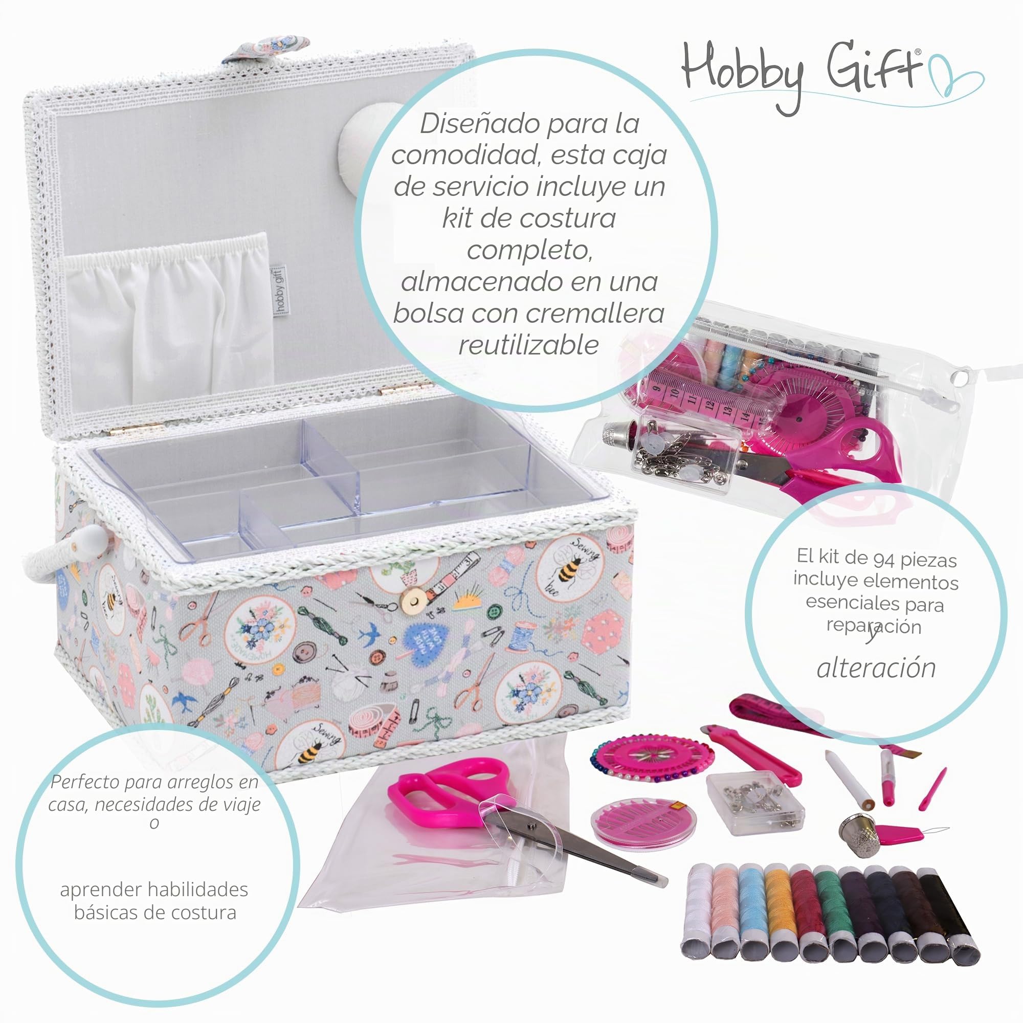 Hobby Gift Caja de Costura Mediana con Asa, Kit Organizador de Costura en Cesta de Algodón con Compartimentos, 18,5 x 25,5 x 14,5 cm, Hecho en casa