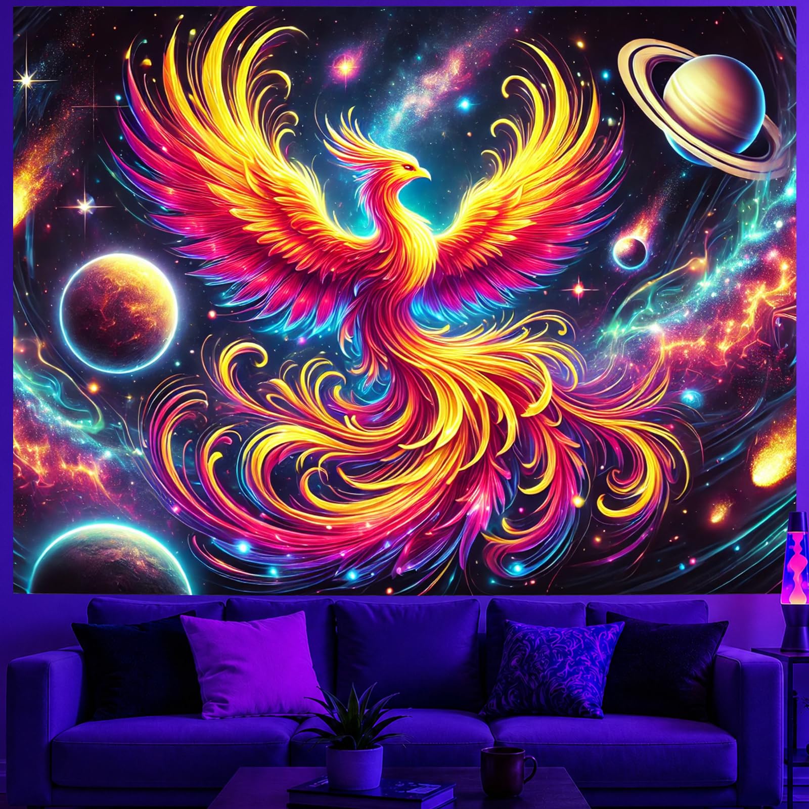 BlissYard Blacklight Tapestry Phoenix Rainbow Room Decor 78 x 59 Inch