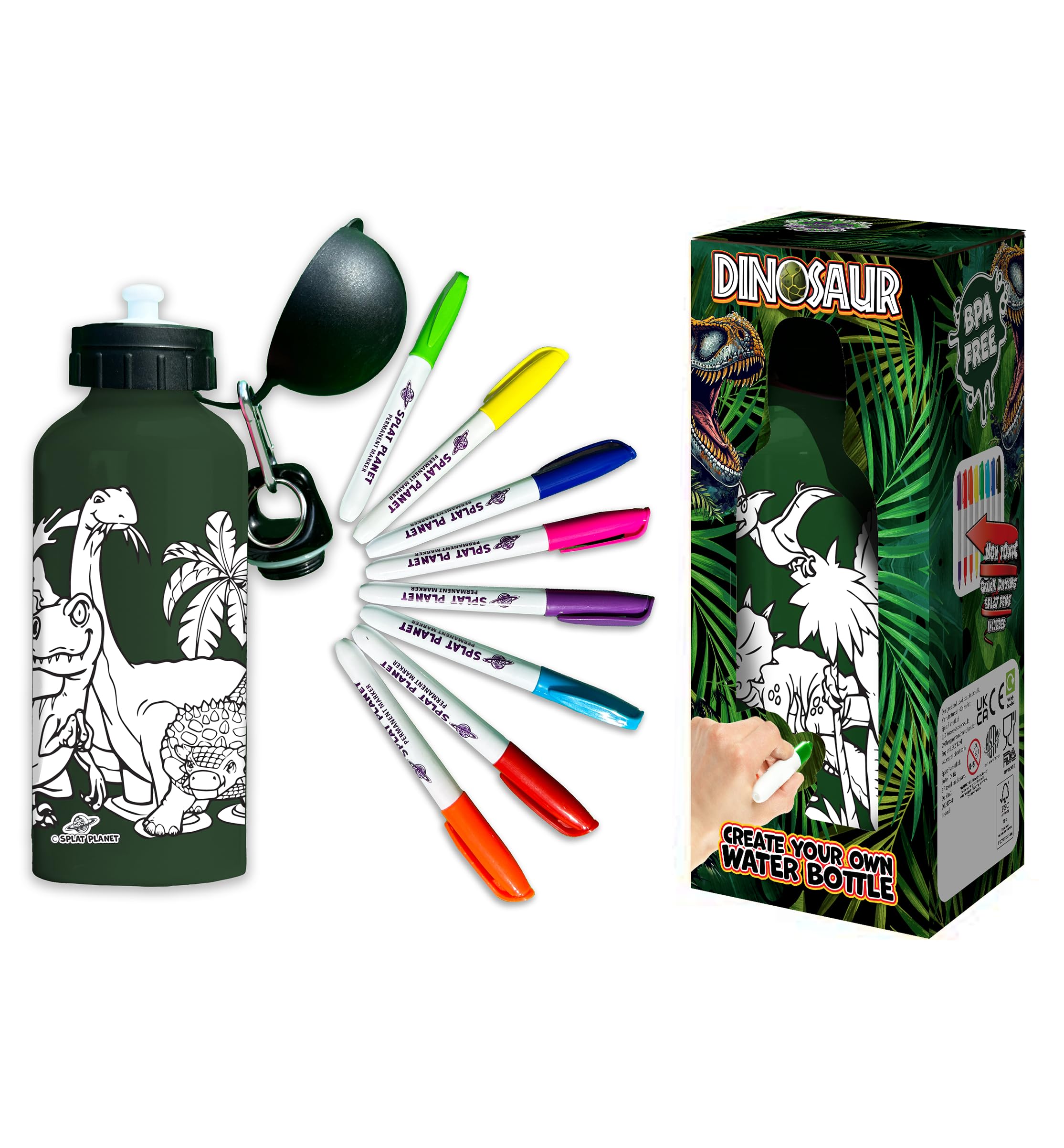 Splat Planet Décore ta propre Gourde, colorie-la ! Cadeau Pour Enfants, Gourde 600 ml (Dinosaure)
