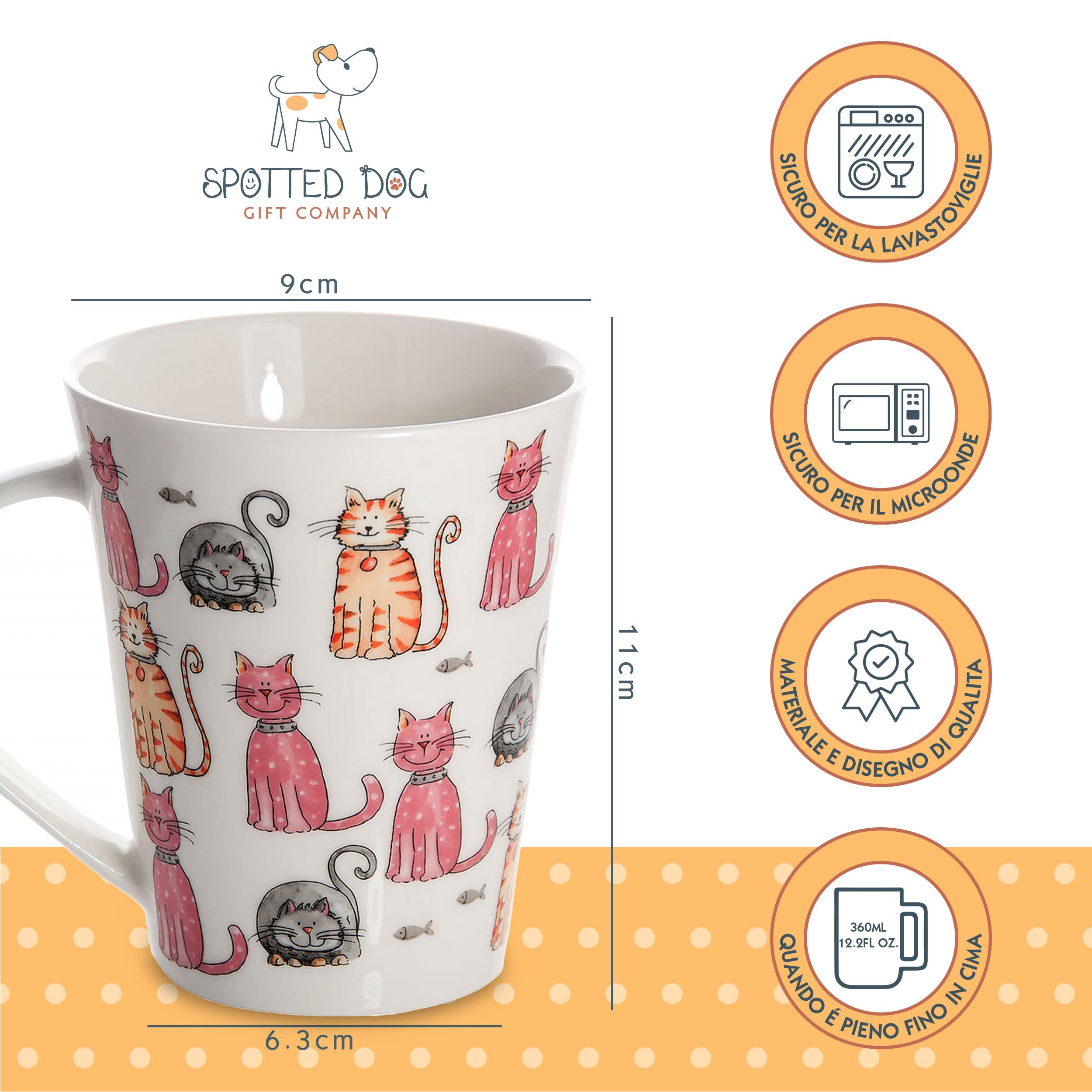 SPOTTED DOG GIFT COMPANY Set di 2 Tazze Gatto da Caffè in Ceramica 360 ml per Caffè e Tè, Tazze con Gatti Carine e Colorate, Regalo per Gattara, Donna e Uomo