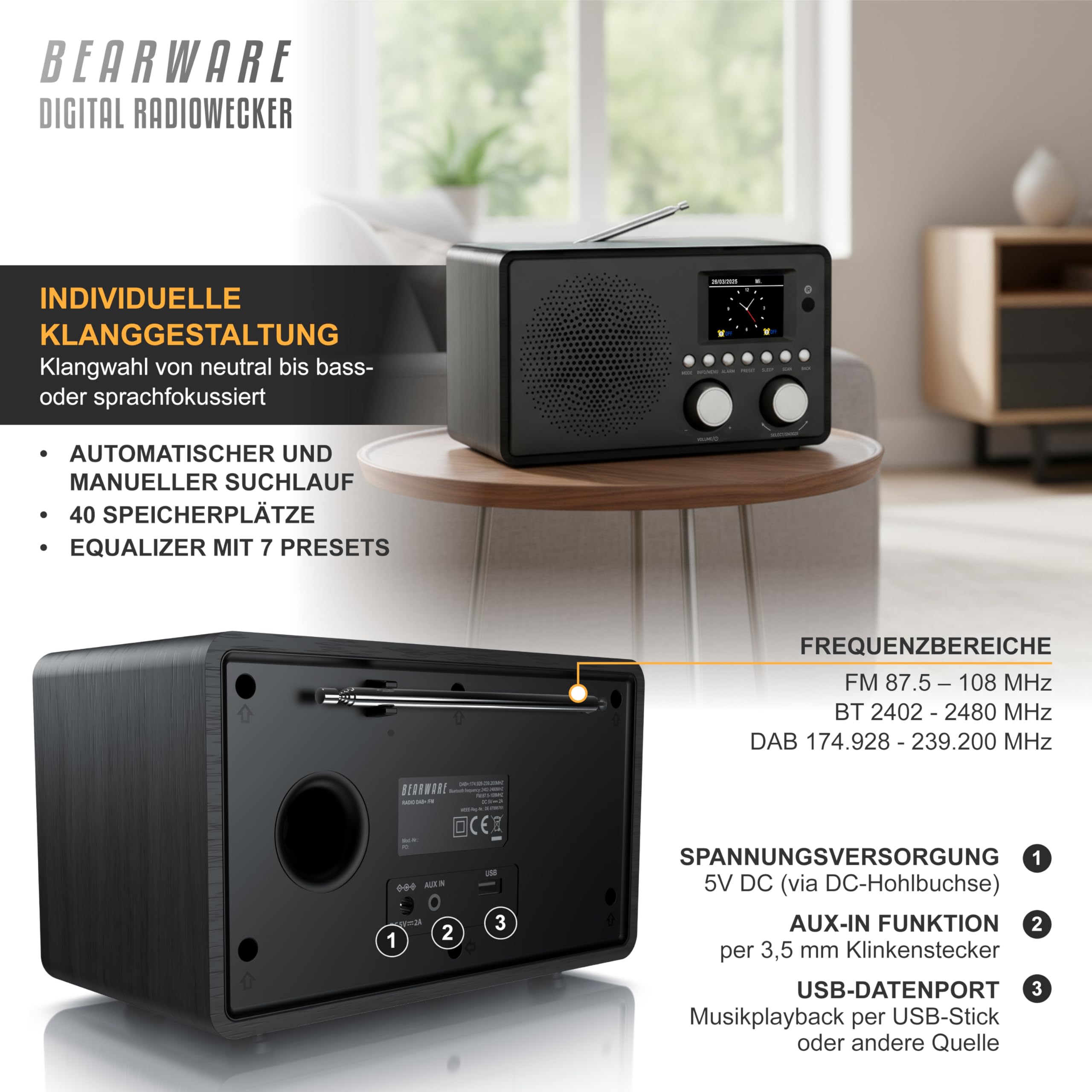 CSL - DAB+ Radio mit TFT Display und Fernbedienung - Bluetooth DAB Plus Radiowecker – DAB DAB+ FM-Radio – 40 Speicherplätze – Automatischer und manueller Suchlauf – Equalizer – USB-Datenport – AUX in