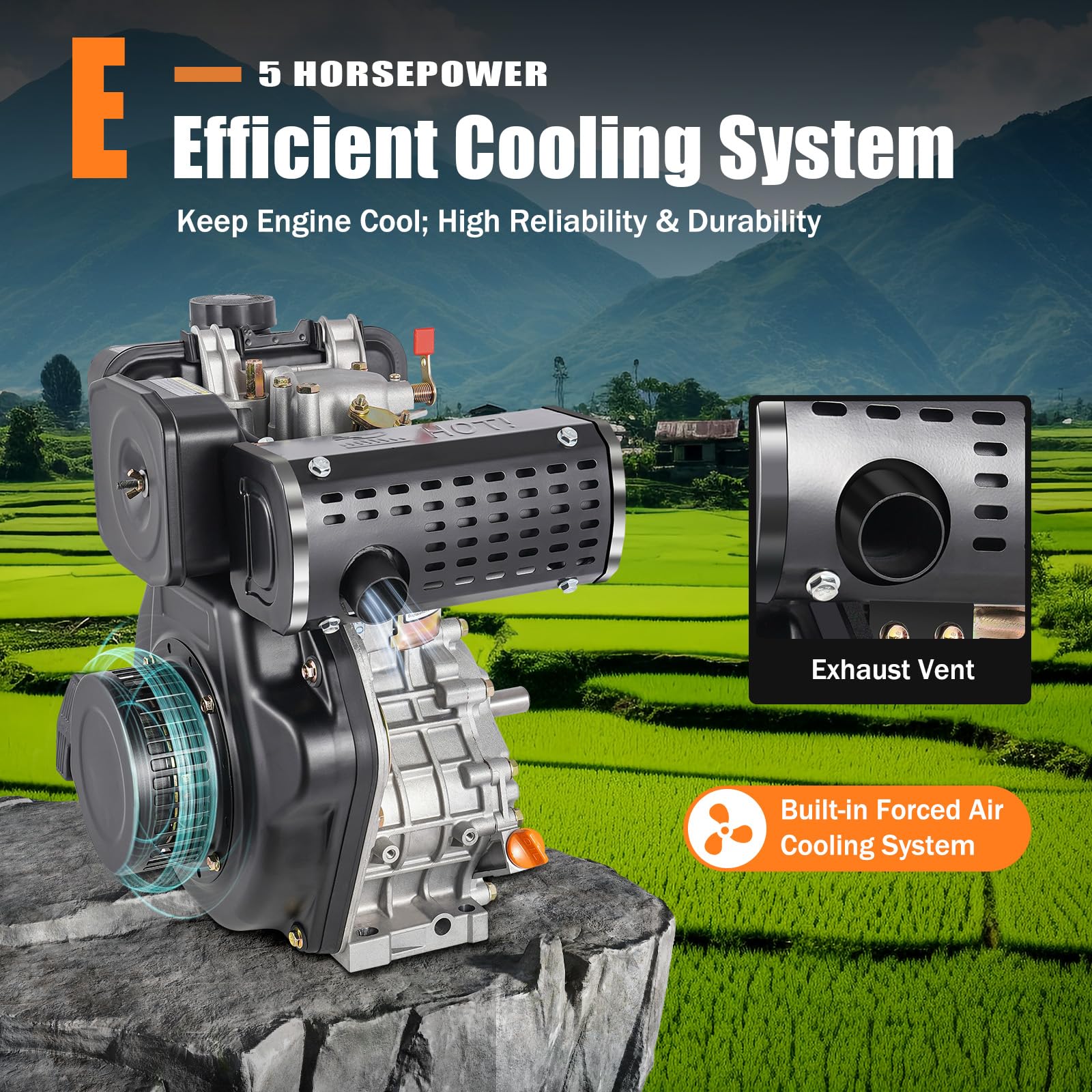 4-Takt 5 PS Dieselmotor, Eilzugstarter-Dieselmotor, 4,05 kW, Luftgekühlt Seilzugstart, 20 mm Ø Welle, 247 ccm Hubraum, Einzylinder, Leichtstartmotor, Standmotor (Schwarz)