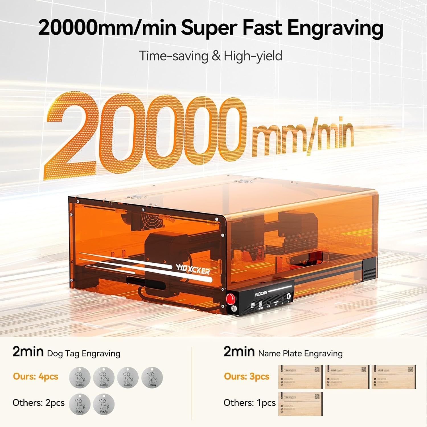 Graphic illustrating the 20000mm/min engraving speed and time savings for various items