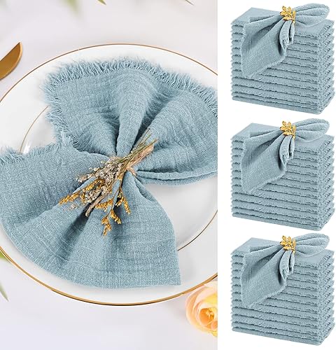 Miniatura 1 de Paquete de 36 servilletas de lino de algodón hechas a mano con flecos, 16 x 16 pulgadas, servilletas de tela hechas a mano azul polvoriento,