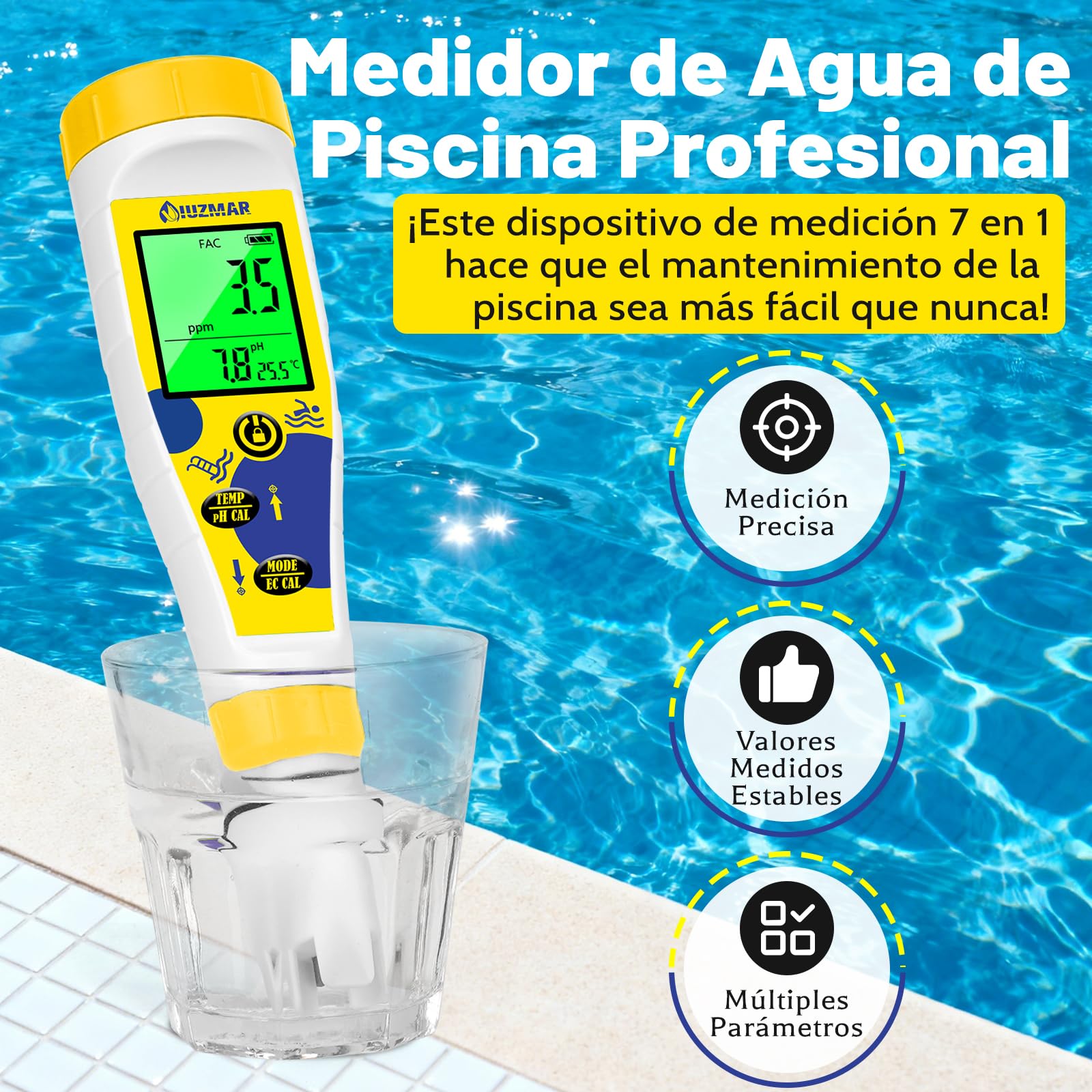 Medidor pH Cloro para Piscinas, Medidor Sal pH Agua Salada 7 en 1 con Temperatura y Salinidad