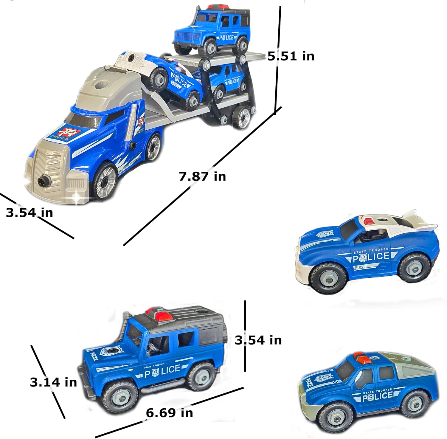 Buildable Police Car Transport Truck Set – Interactive 2-in-1 Hauler with Lights, Sounds, Tools, and Creative Rescue Mission Play