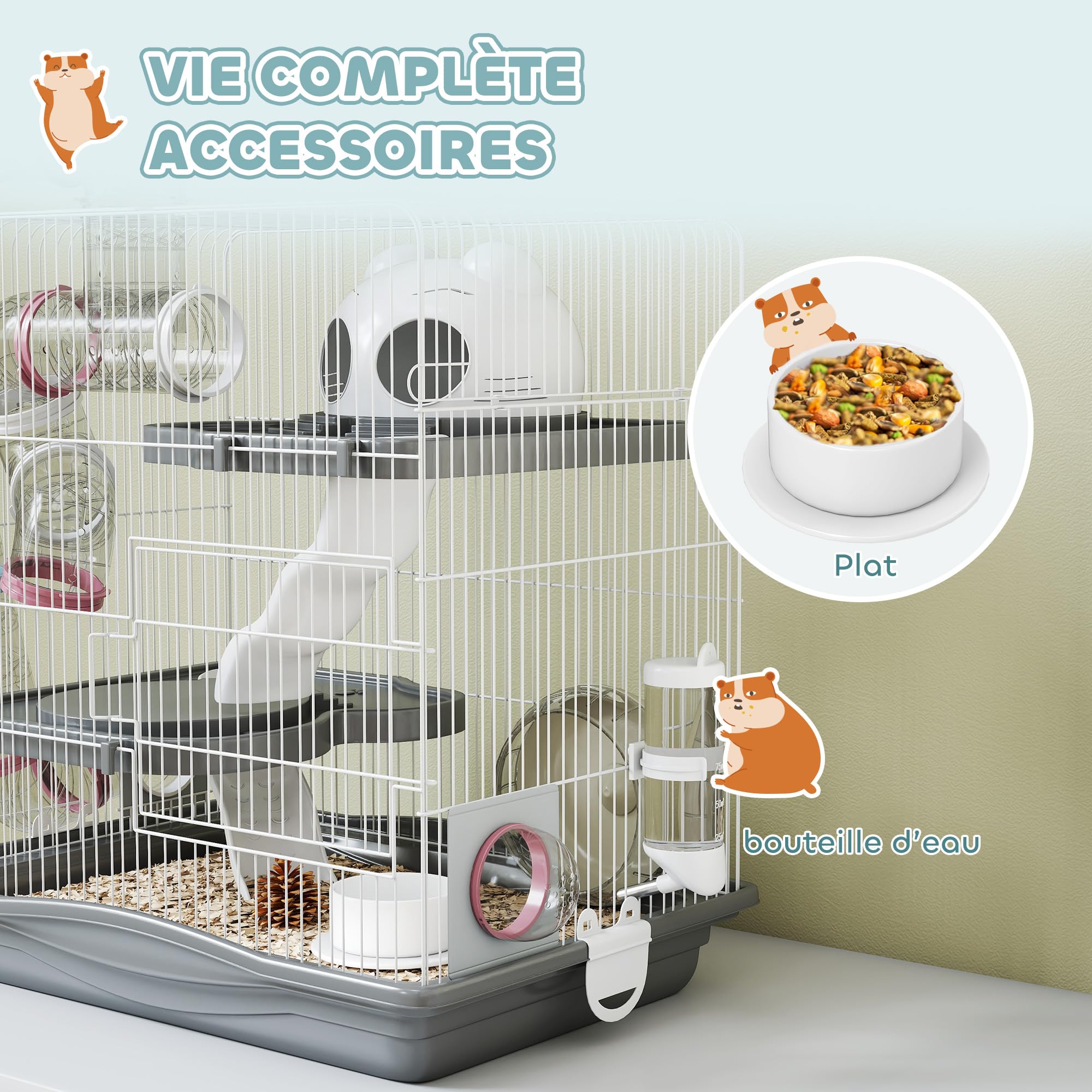PawHut Cage Hamster, Cage Rongeur à 3 Niveaux, avec Roue d'exercice, Tunnel, gamelle, Niche et Rampe d'accès, pour Hamsters Nains et gerbilles, 45 x 30 x 45 cm, Gris | Cage Rongeur, Roue d'Exercice, Tunnel, Gamelle, Niche, Rampe d'Accès, pour Gerbilles