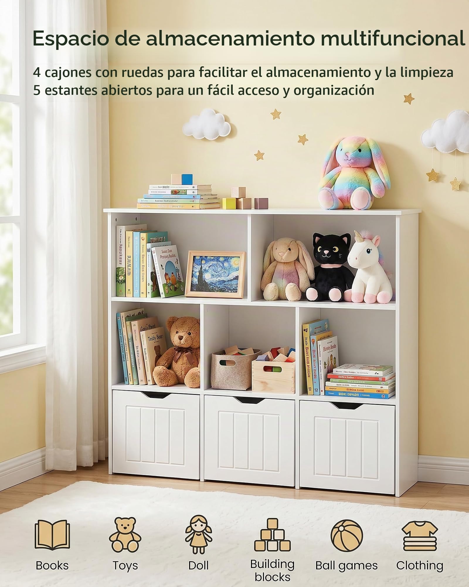 Organizador de Juguetes con Cajones, Estanteria Infantil Montessori, Mueble Almacenaje para Habitación Infantil, Librería con 5 Estantes, Estante para Niños, Blanco 100x33x89.5cm