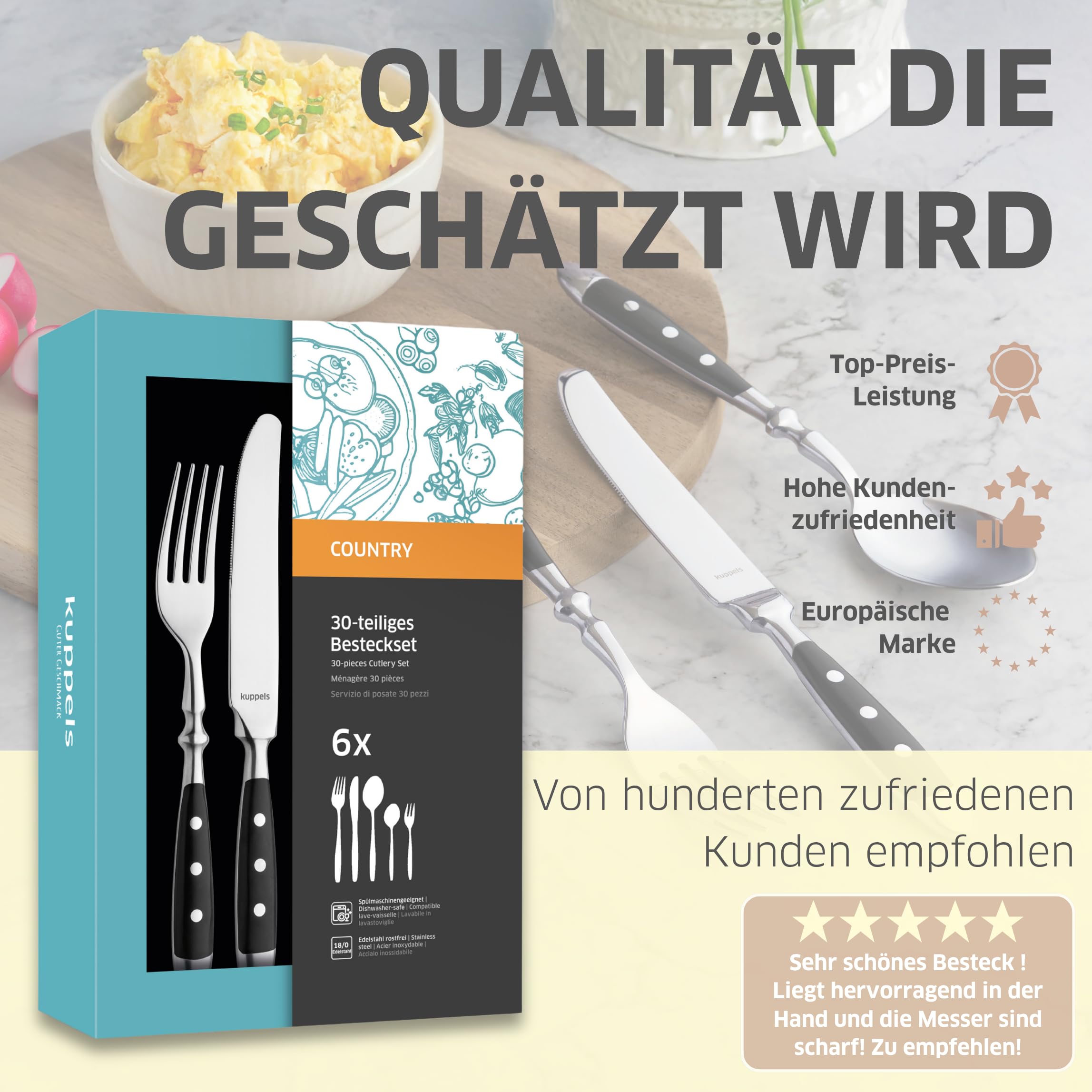 Kuppels COUNTRY Besteck Set 30-teilig, schwarze Kunststoffgriffe genietet | Edelstahl 18/0, hochglanzpoliert und spülmaschinenfest – rustikales Landhaus-Besteck ideal für 6 Personen