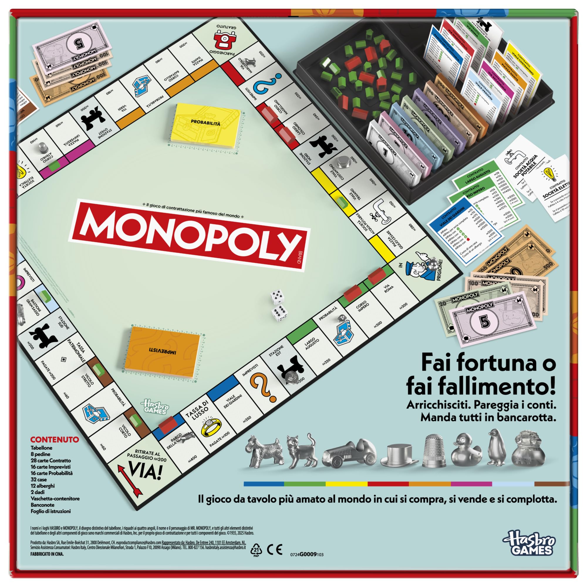Hasbro Gaming, Monopoly, Gioco da Tavolo, Ideale per Famiglia e Amici, per Bambini e Bambine da 8 Anni in Su, Include Vaschetta Contenitore e Pedine Più Grandi, per 2-6 Giocatori, in Italiano