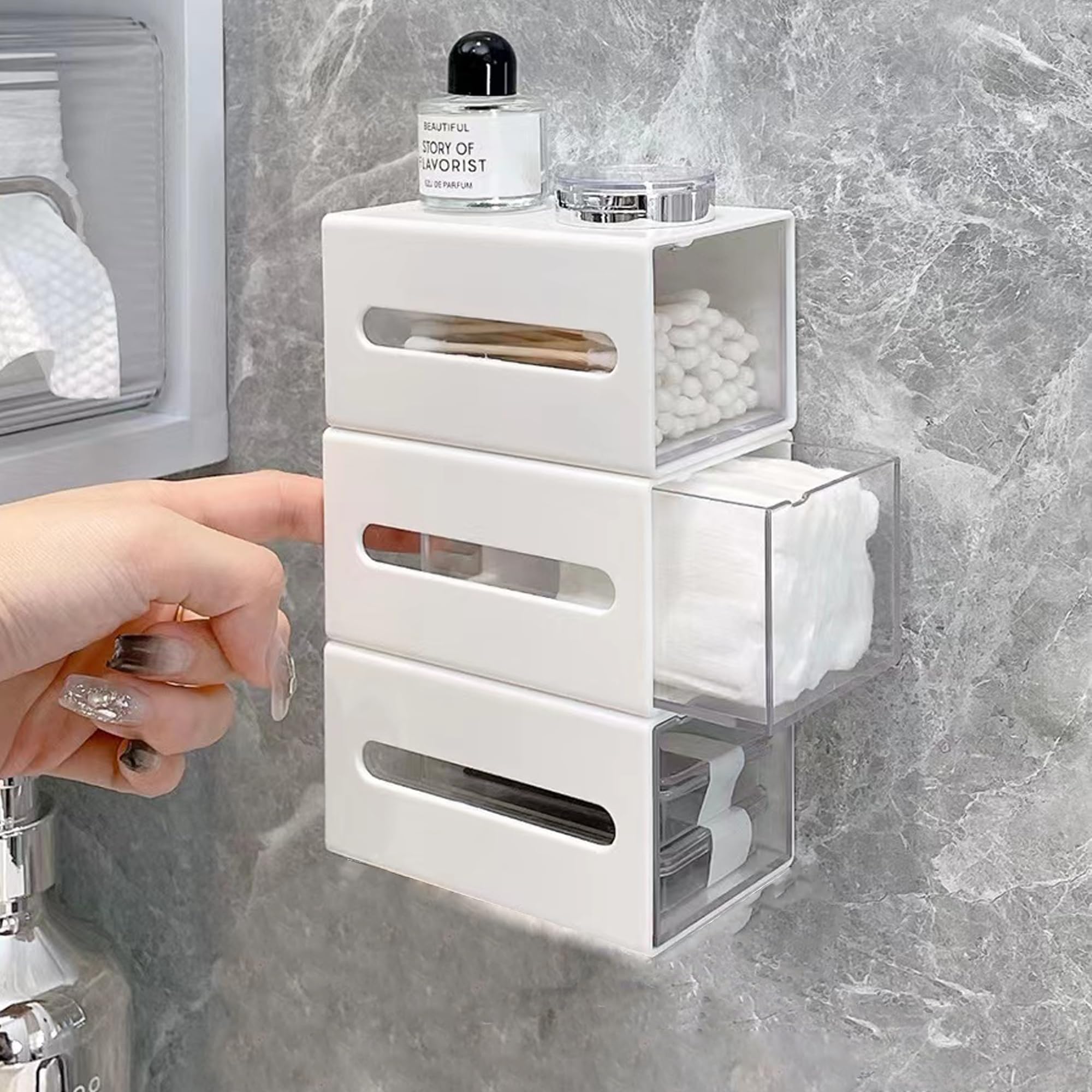 TERRIFI Qtip Holder Dispenser, Stackable Hair Accessories Organizer, Wall Mounted Cotton Ball Organizers,Bathroom Canisters Storage for Floss, Hairpin, Rubber Band, Clip (Set of 3)