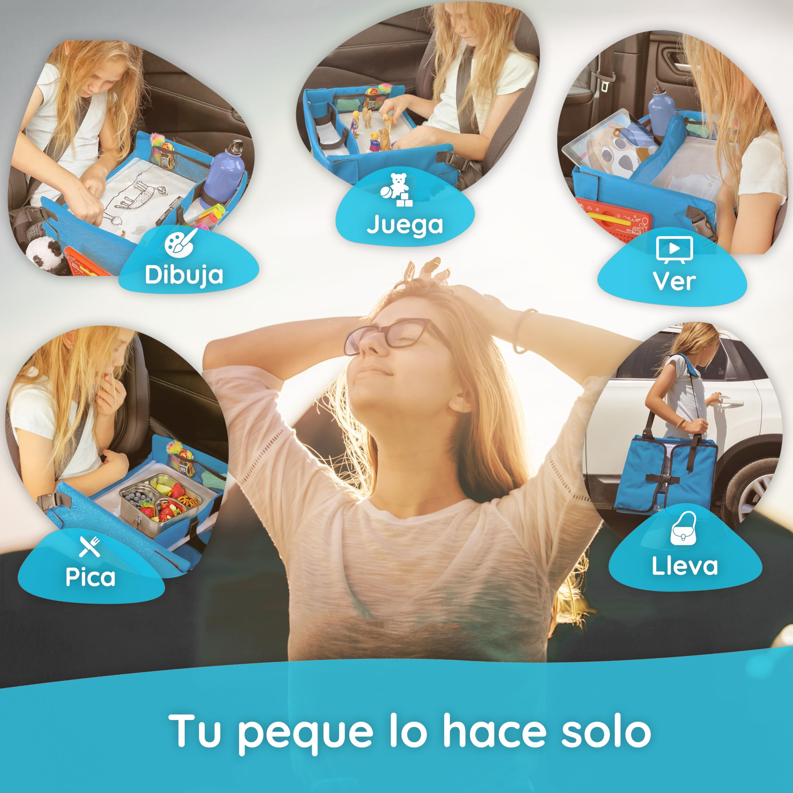 Mamas Reise Hacks Mesa de viaje para coche para niños – [con tapón para tablet y juegos de coche] para asiento trasero y viaje en coche – Mesa de juegos para niños, bandeja para rodillas, mesa de