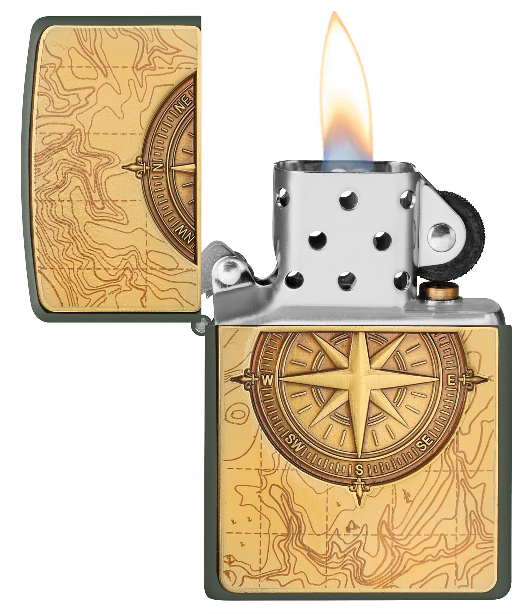 Zippo Sturmfeuerzeug - Topographic Compass, Green Matte, Emblem - Nachfüllbar - Wiederverwendbar - Windfestes Design - Geschenkbox - Made in USA
