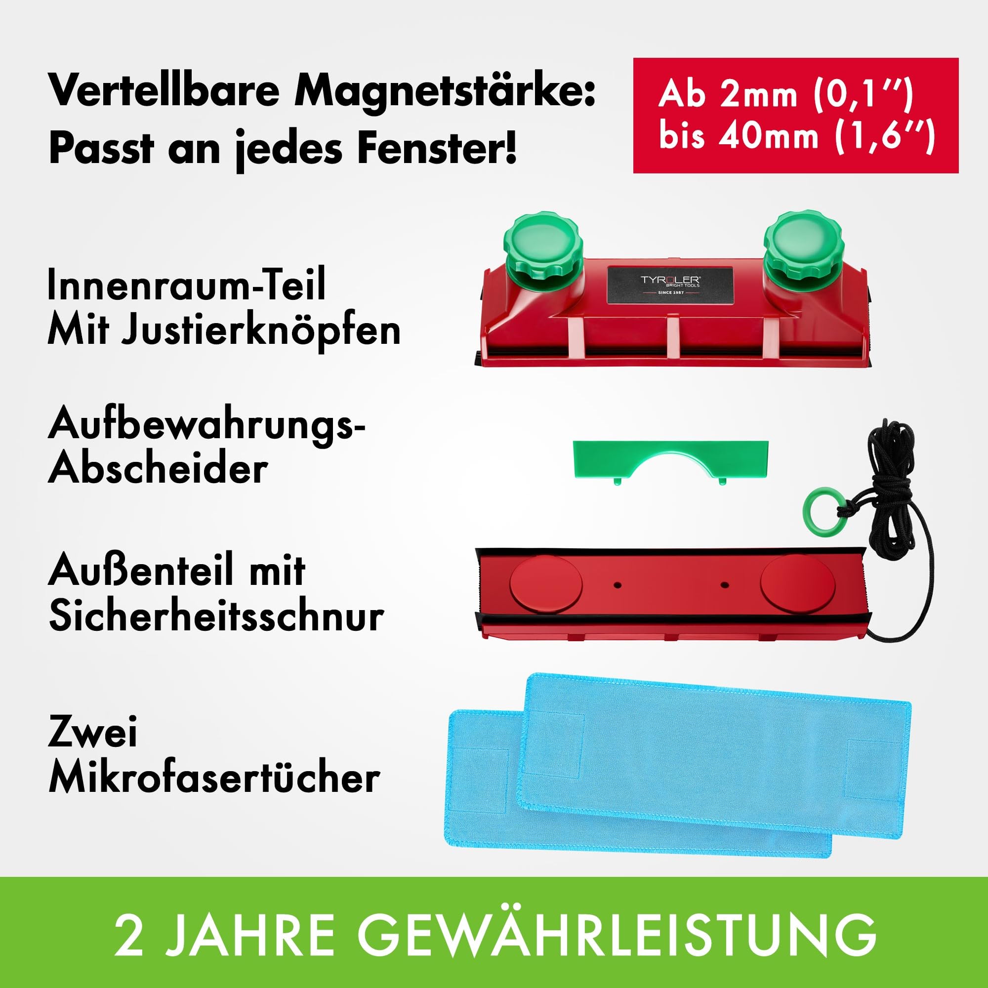 Tyroler Glider D-4 Magnetischer Fensterreiniger für 2-40 mm Doppelglas | | Beidseitiger Magnetischer Fensterputzer 2-40 mm für 99% Glasstärken | Fensterreiniger Magnetisch | Magnet Fensterputzer