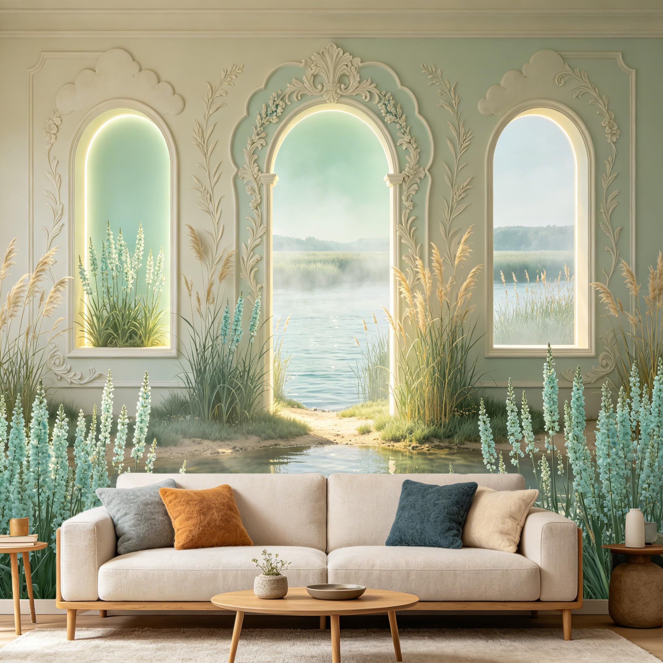 Custom Size Wall Mural， 3D Archway Lake Scenery Blue Floral Botanical Neoclassical， SelfAdhesive Art Prints wall Fabric Removable Large Wallpaper Home Living Room Decor