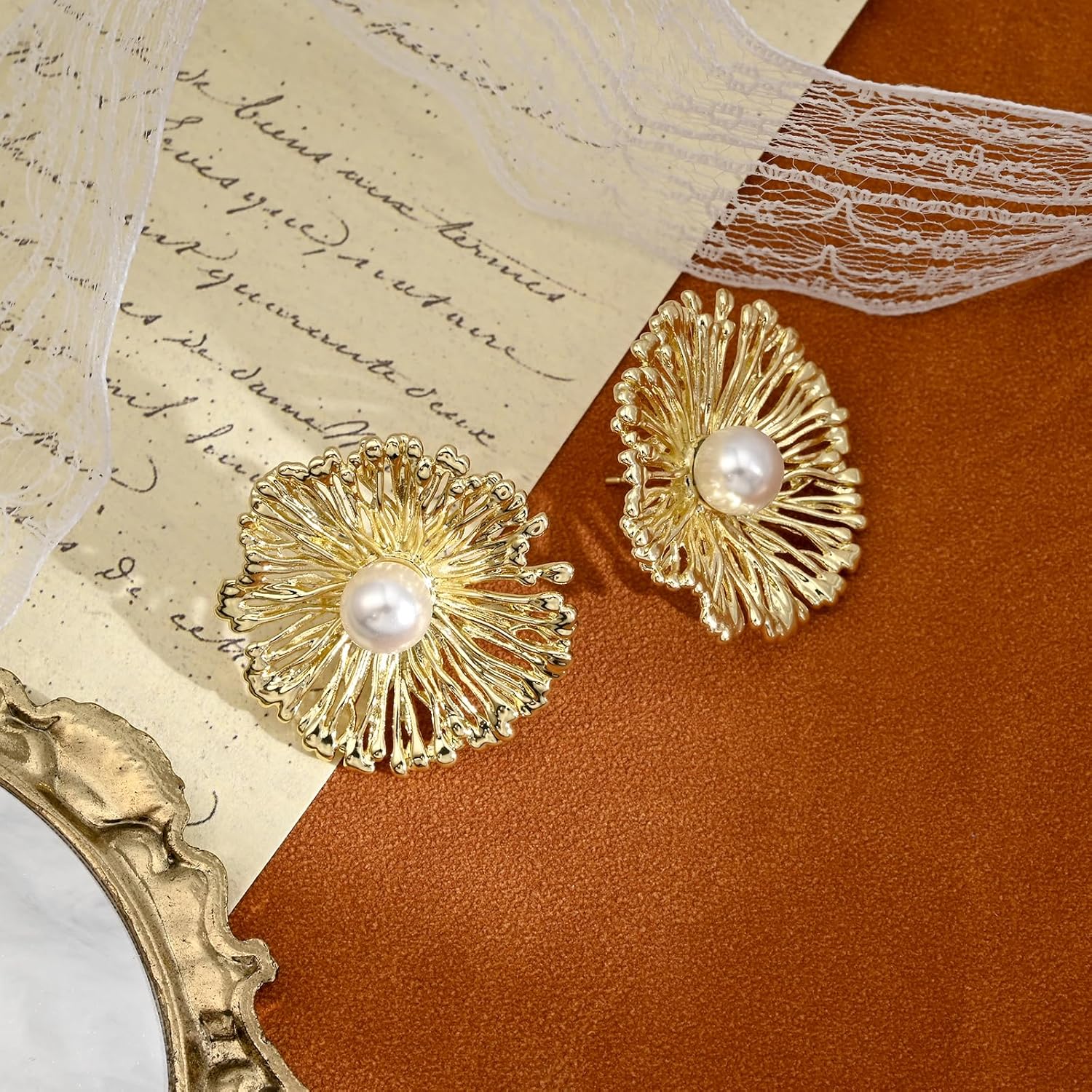 14K Gold Plated Flower Pearl Stud Earrings Floral Round Circle Plated Earrings for Women - Image 4