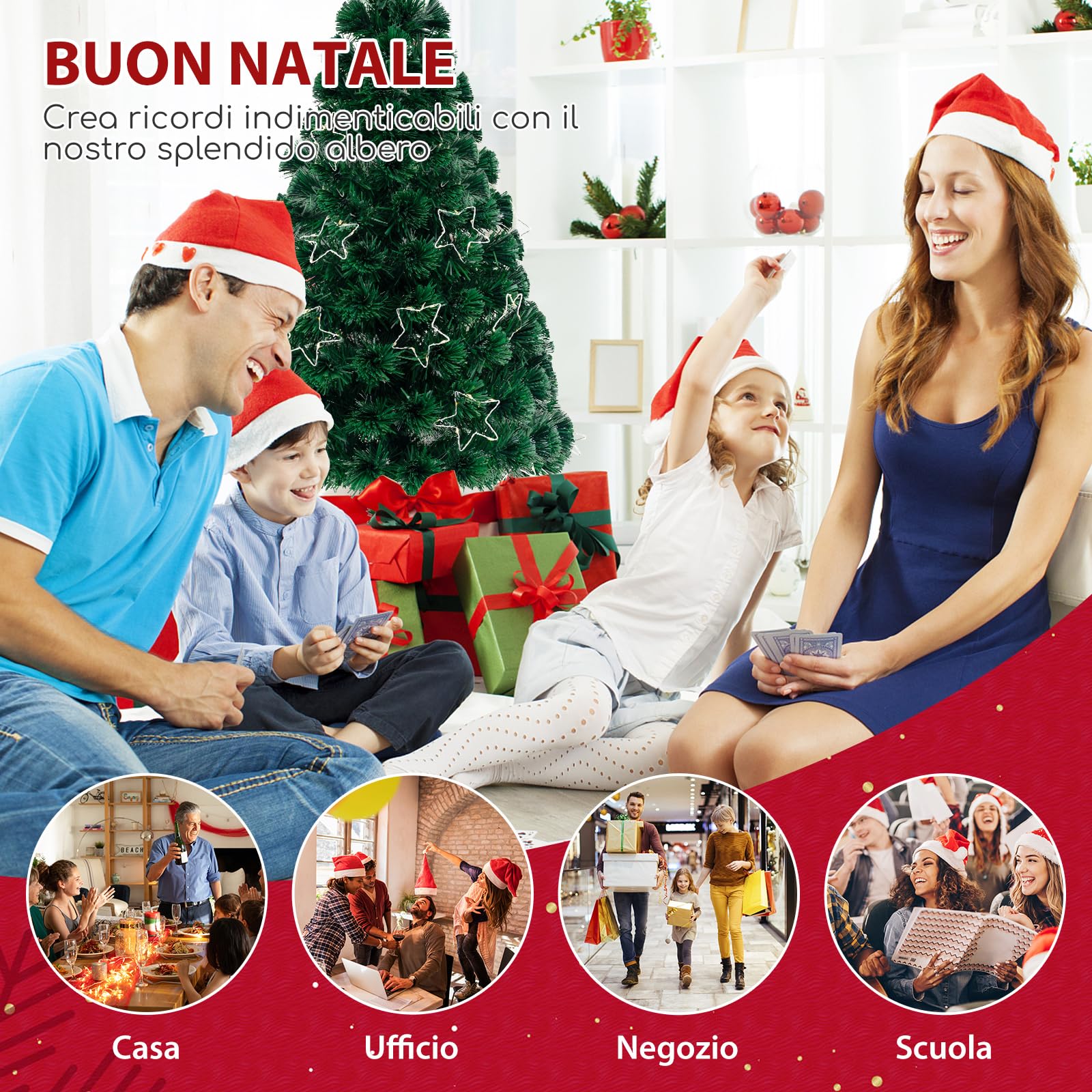 COSTWAY Albero di Natale in Fibra Ottica 120/150/180 cm, Albero di Natale Artificiale Pre-illuminato con 18/24/36 Luci a Stringa, Stella sulla Cima e 130/170/230 Punte dei Rami (150 CM)