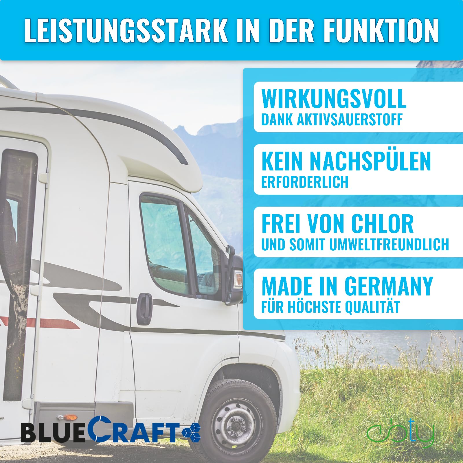 abtyCAM Wassertank Frischwassertank Reiniger für Wohnmobil Wohnwagen 1000g | Löst Verschmutzungen & Ablagerungen ohne Nachspülen, mit Aktivsauerstoff, Zubehör für Tank & Wasserleitung für Caravan & Boot