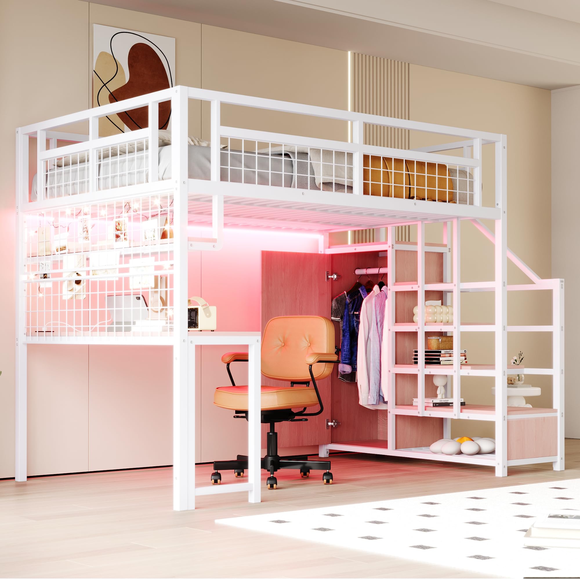 Merax Lit Mezzanine 140x200 cm en métal, avec Armoire et Bureau, Multifonctionnel Lit Enfant avec échelle de Rangement, Blanc (sans Matelas)