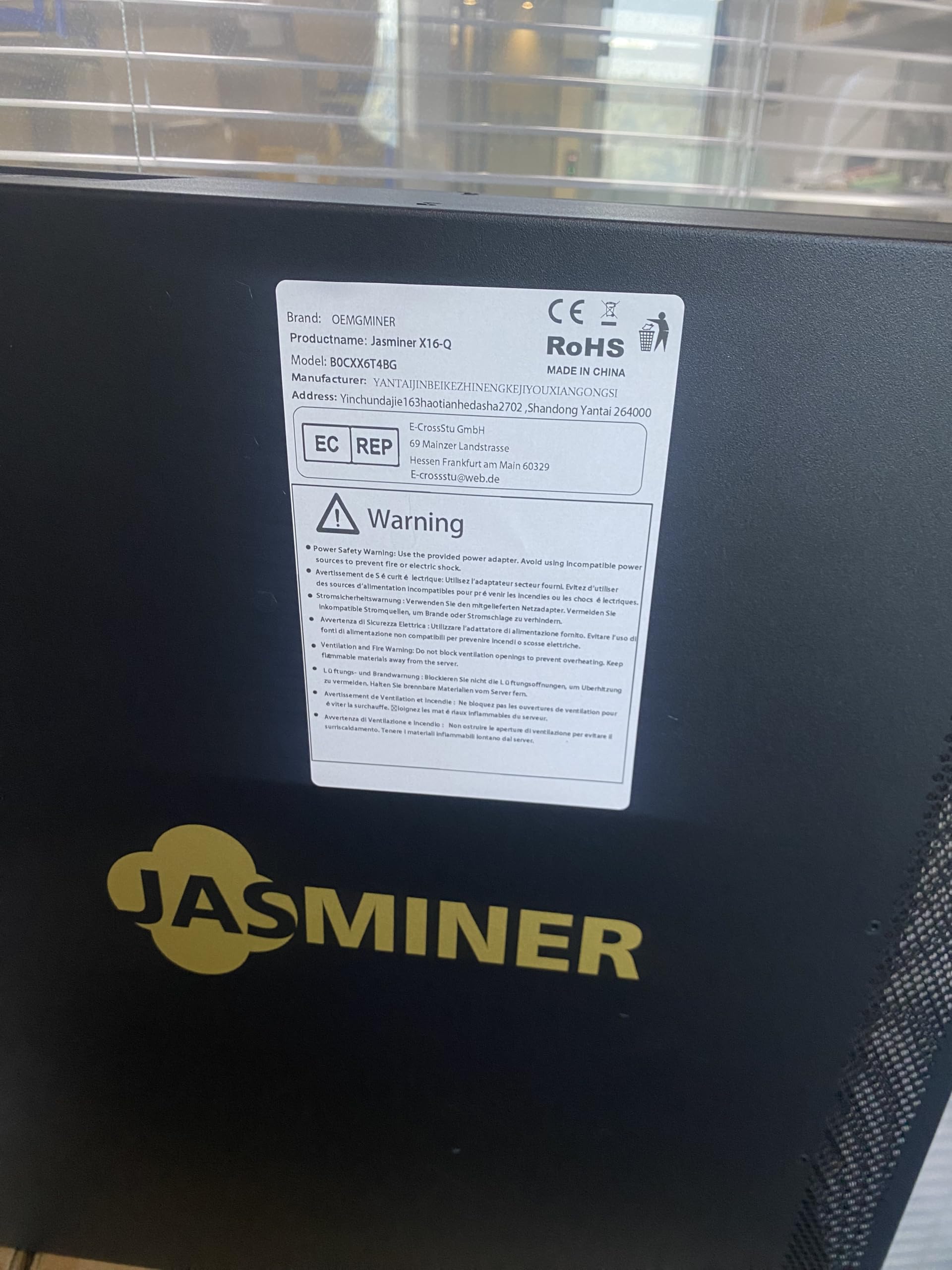 New Jasminer X16-Q 1850M 620W 8G etc Ethereum Classic ethf Miner High  Throughput 3U Quiet Server Wi-Fi Version with 100V-240V Power Supply