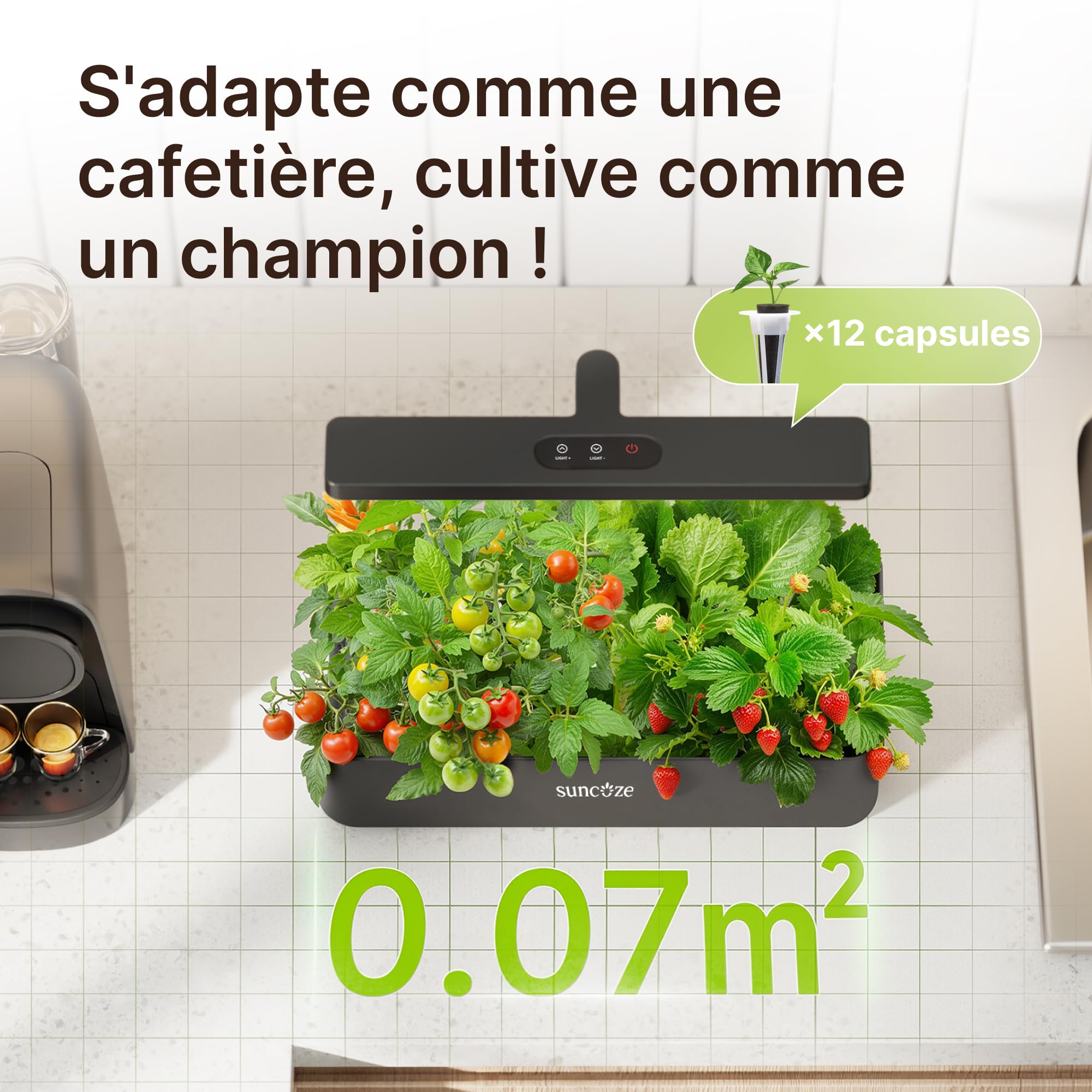 SUNCOZE Potager Hydroponique Smart avec 12 Paniers, Noir | Jardin d'Herbes avec Lampe LED 24W, Hauteur Réglable, Réservoir 4L, Pompe Intelligente Silencieuse, pour Maison et Cuisine