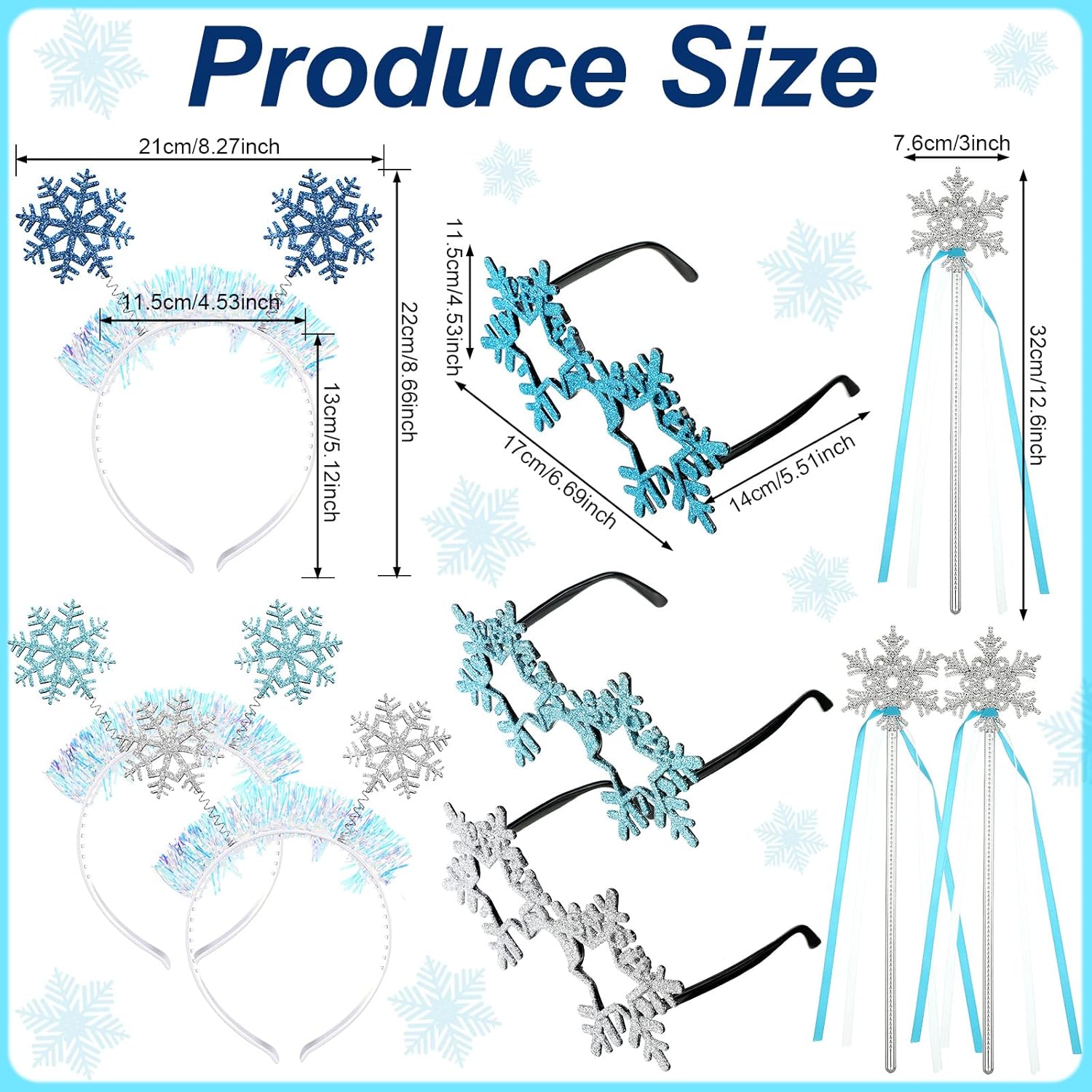 Jutom 9 Pcs Christmas Snowflake Headband Princess Snowflake Wand Head Boppers Glitter Christmas Eyeglasses Accessories for Xmas Birthday Party