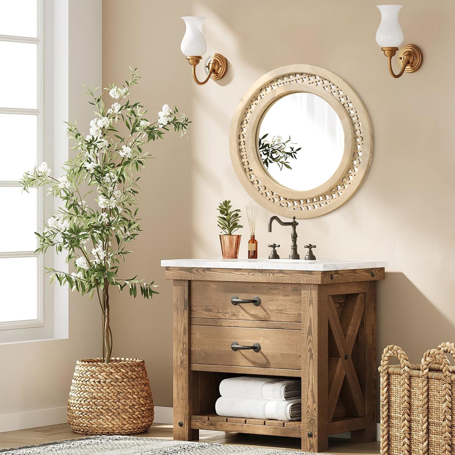 JJUUYOU Wall Mirror Round Mirror Black 20 Inch Circle Rustic Hanging Mirrors with Wood Frame Wall Mounted Mirrors for Living Room Bathroom Bedroom Entryway Wood