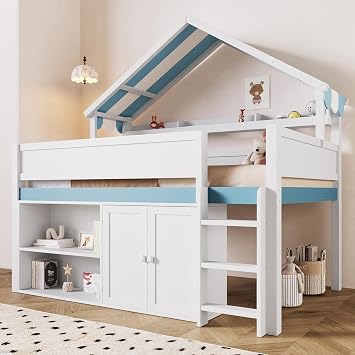 Full Size Loft Bed with Canopy Roof and Storage Cabinet, Wooden Loft Bed Frame with Storage Shelves and 2 Doors for Kids Teens Boys Girls Bedroom, No Box Spring Needed White and Blue