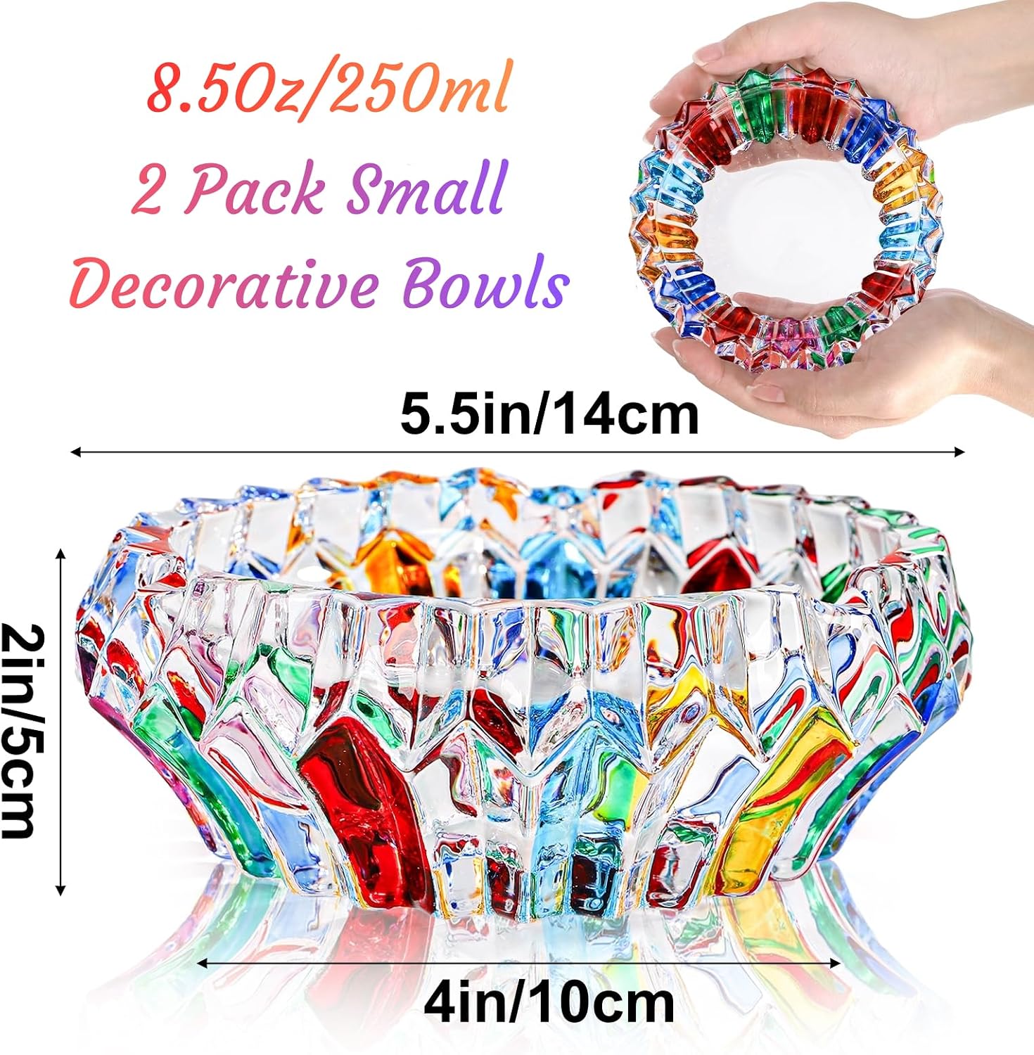 Hacaroa 2 Pack 5.5 Inch Hand Painted Colorful Crystal Bowl, 8.5 Oz Small Glass Candy Dish Decorative Bowl Snack Container for Home, Office Desk image 2