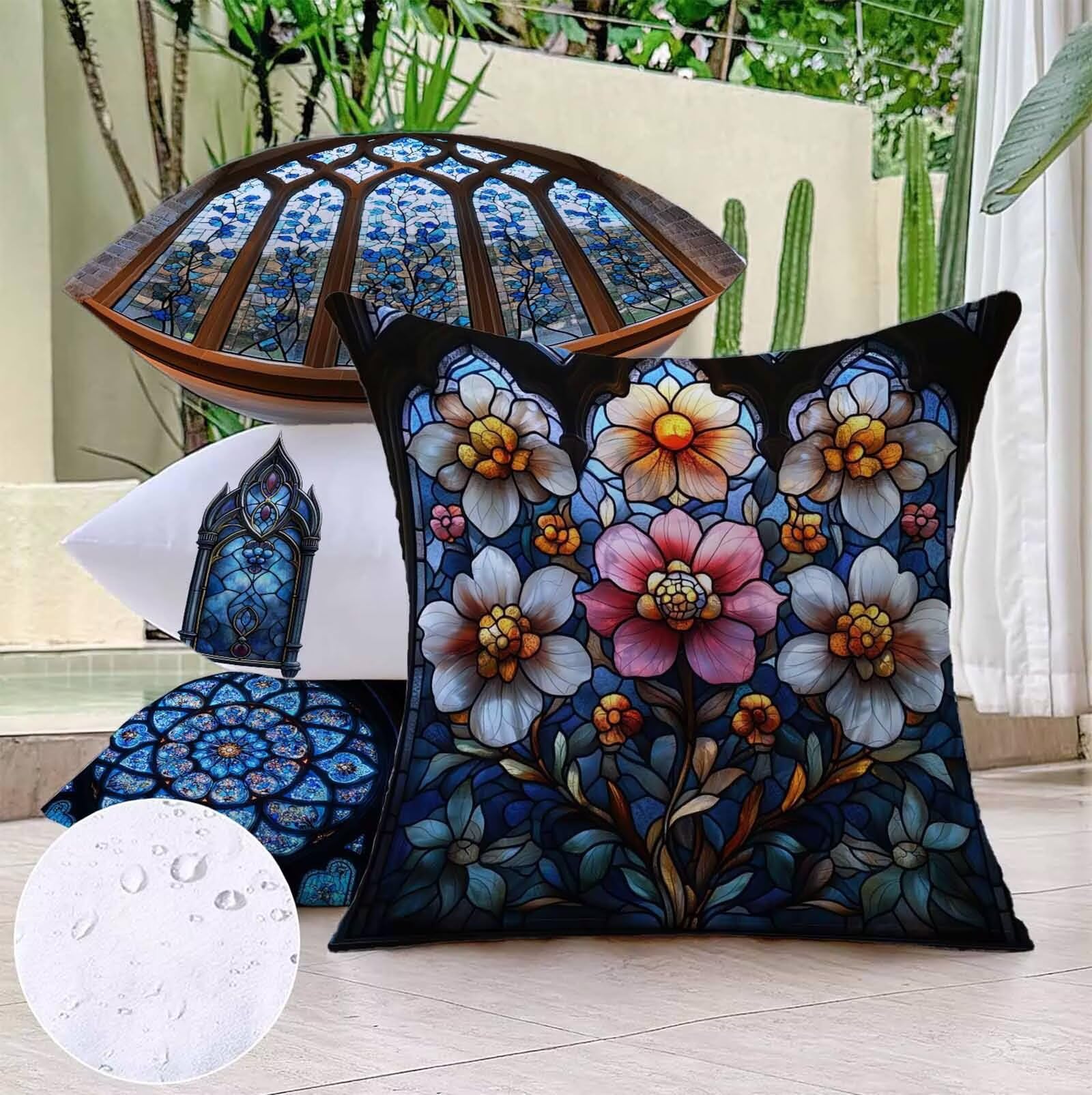 Fleur Housse Coussin 65X65cm Bleu Conception de Motifs Lin Matériel Coussin Canape Lot de 4, avec Fermeture Eclair Caché Exterieur Impermeable pour Lit Chambre Canapé Decoration Maison PjY3068 1-Q