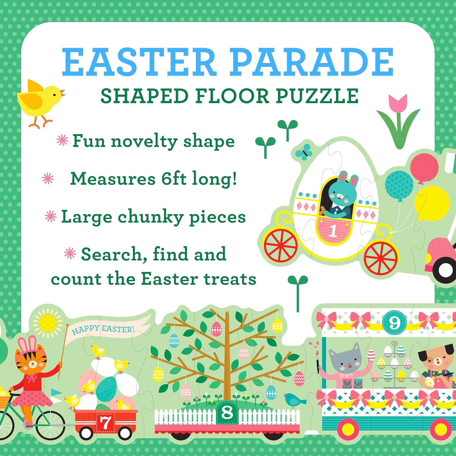 Petit Collage: Easter Parade Shaped Floor Puzzle - Giant 6ft Long 30-Piece Spring Floor Jigsaw for Toddlers 3+ – Chunky Pieces with Box Handle – Eco-Friendly Seek-and-Find Gift for Easter Baskets