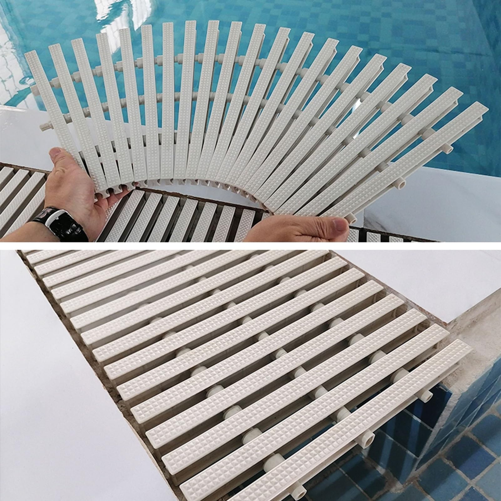 Zestaw 8 trwałych plastikowych pokrowców na ruszt odpływowy do basenu, 20 x 100 cm, system rynnowy do basenów wewnętrznych/zewnętrznych, skuteczna kontrola przelewu, łatwa instalacja