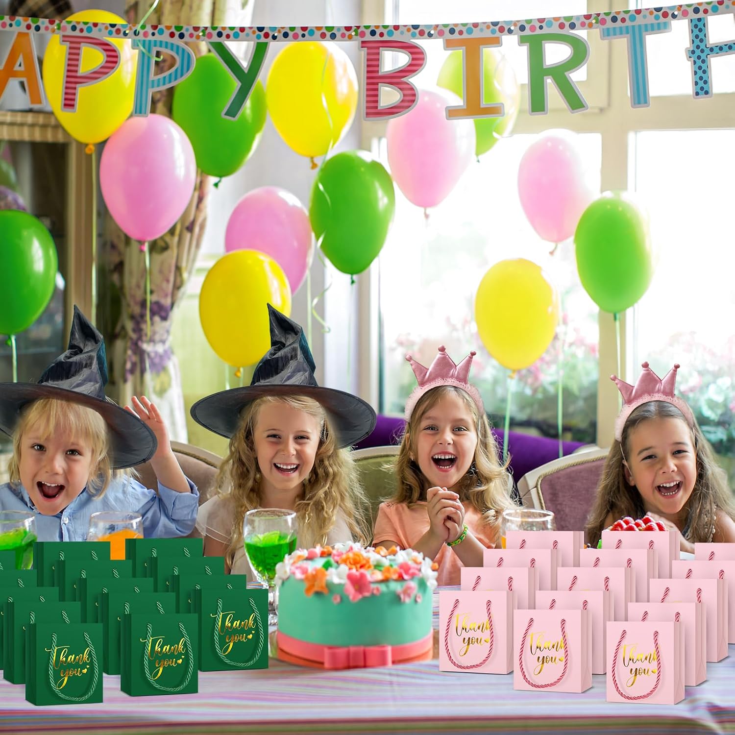 Honoson 30 Pcs Mini Thank You Gift Bag with Handle, Green & Pink/Gold image 5