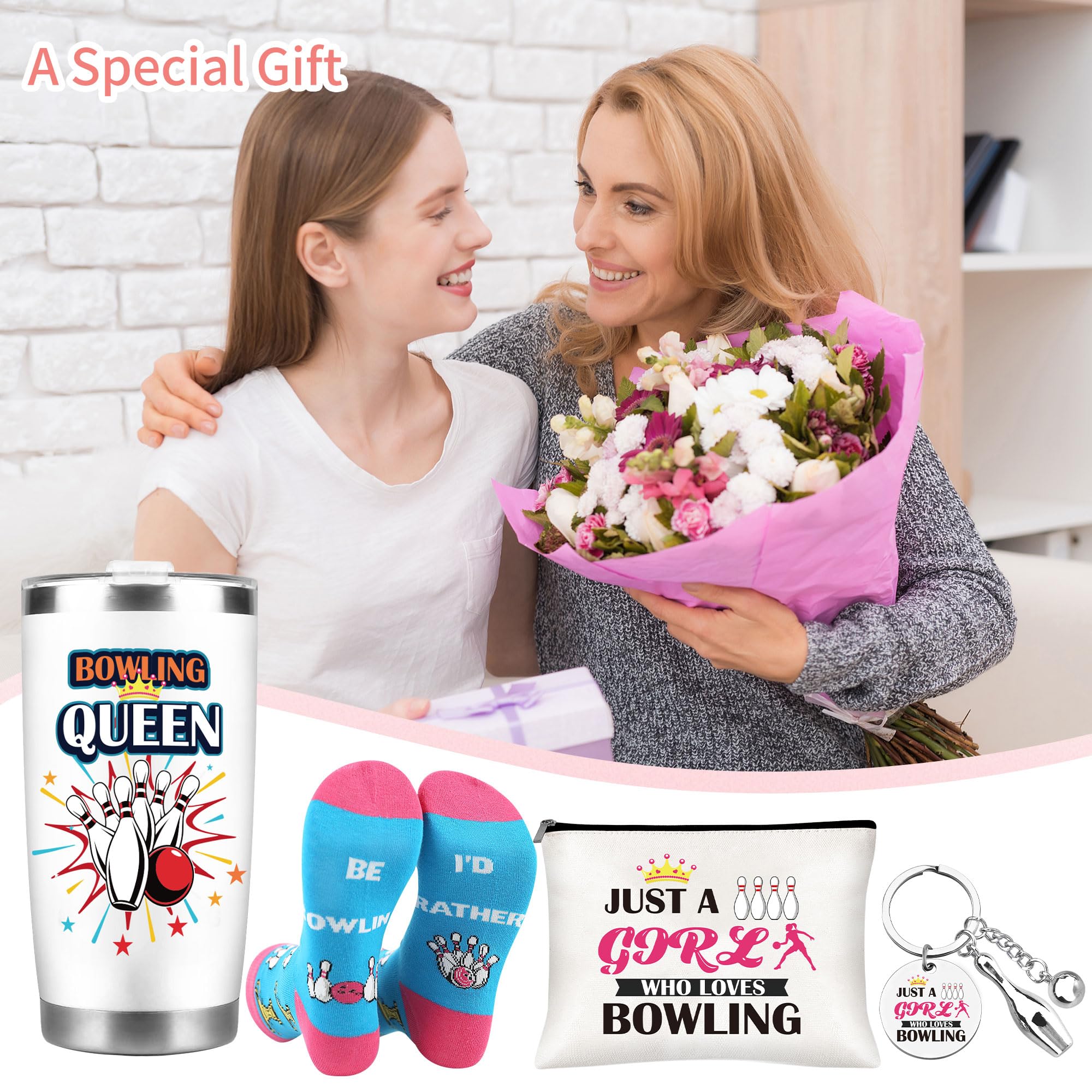 Bowling Gifts for Women Girls, Bowling Ball and Pins 20 oz Tumbler with Lid And Straw, Makeup Bag, Keychain, and Socks, Christmas Birthday Gifts for Bowlers Coach Sports Player