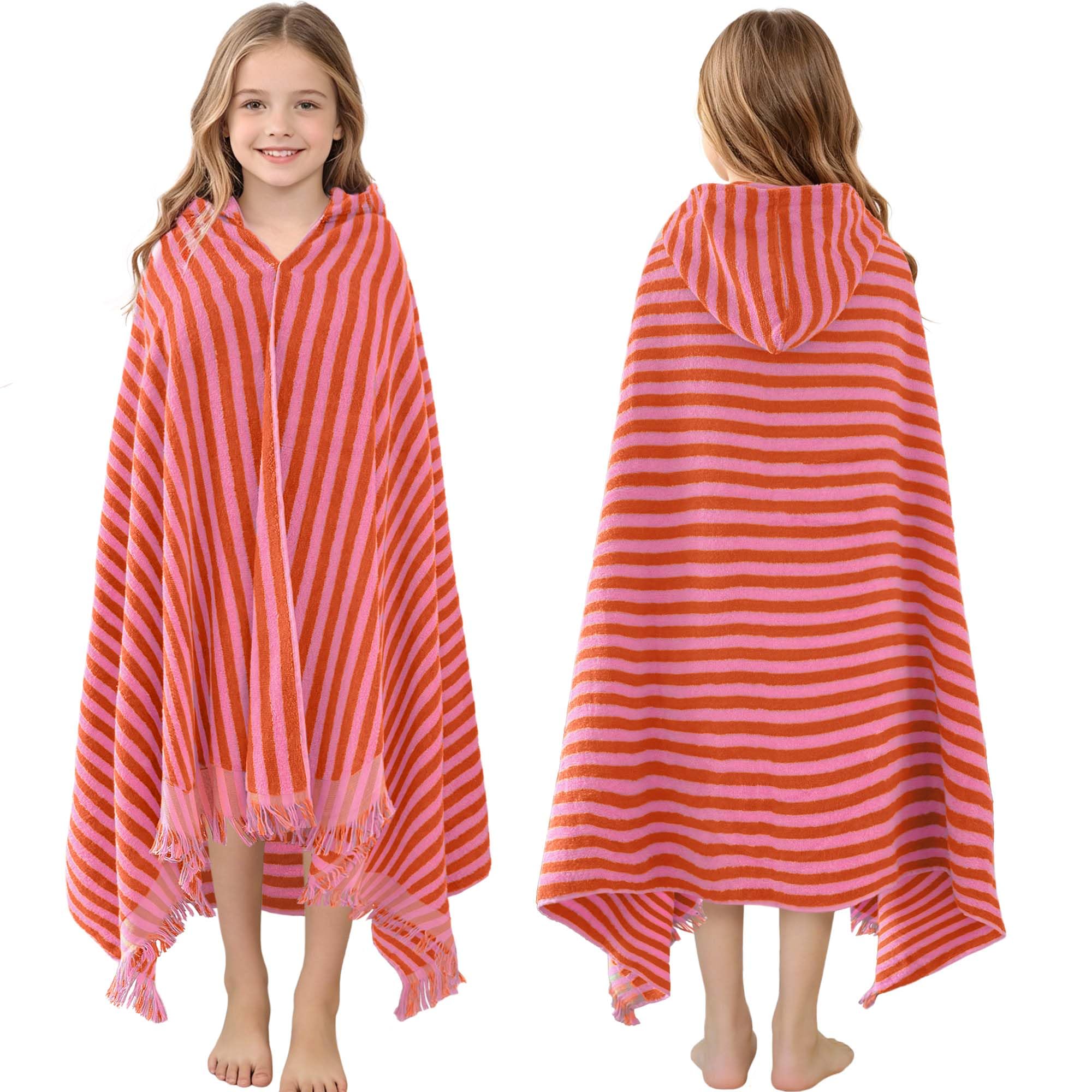 VOOVA & MOVAS Big Kids Hooded Bath Towel, 8+, 100% Cotton, Thick, Red Pink | Horizontal Stripe Design, Soft, Absorbent & Quick Dry, Perfect for Bath, Pool, Swim and Beach Red Pink-horizontal Stripe With Tassels Teens Wrap Towel(8 Years Up)