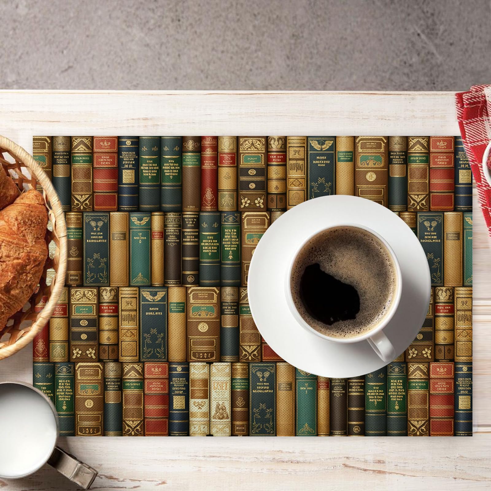Set de Table Rétro - 8 Pièces Tapis de Table Livres en Coton et Lin 45×30cm Lavable Placemats Rectangulaire Réutilisable pour Salle à Manger, Salon