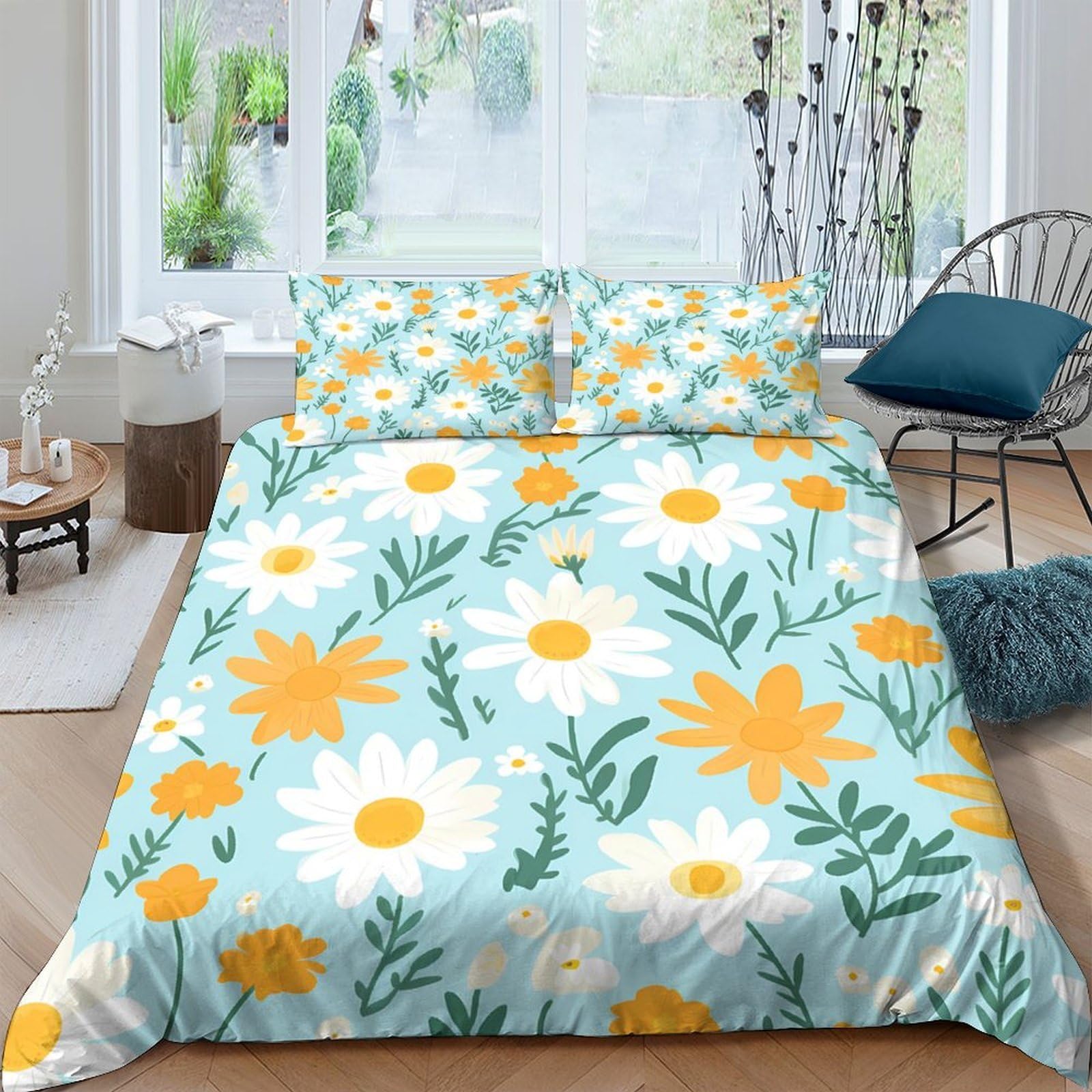 GPLZQXKJNH 3D Printed Daisy Floral Duvet Cover Set Microfiber Soft Breathable Sunflower Quilt Cover with 2 Pillowcases for Bedroom Decor Single（135x200cm）