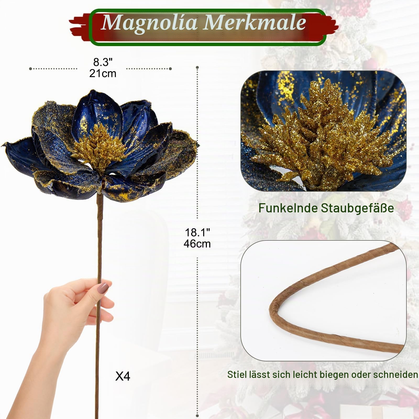 Briful 4 Stücke Weihnachtsstern Christbaumschmuck Magnolie Kunstblumen mit Glitzern Poinsettia Kunstzweig Weihnachtliche Dekoration Weihnachtsbaum Neujahr Ornamente