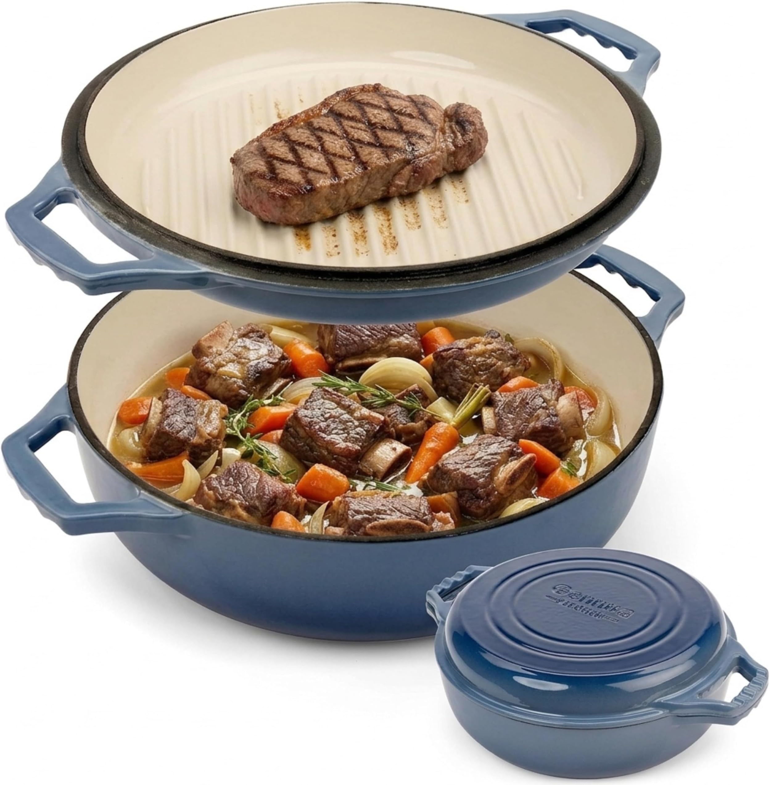 2-in-1 Enameled Cast Iron Braiser Pan with Grill Lid - 3.3-Quart Small Dutch Oven, Serves as Both Casserole & Stovetop Grill Pan, Cast Iron Cookware
