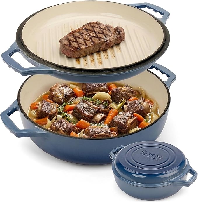 2-in-1 Enameled Cast Iron Braiser Pan with Grill Lid -