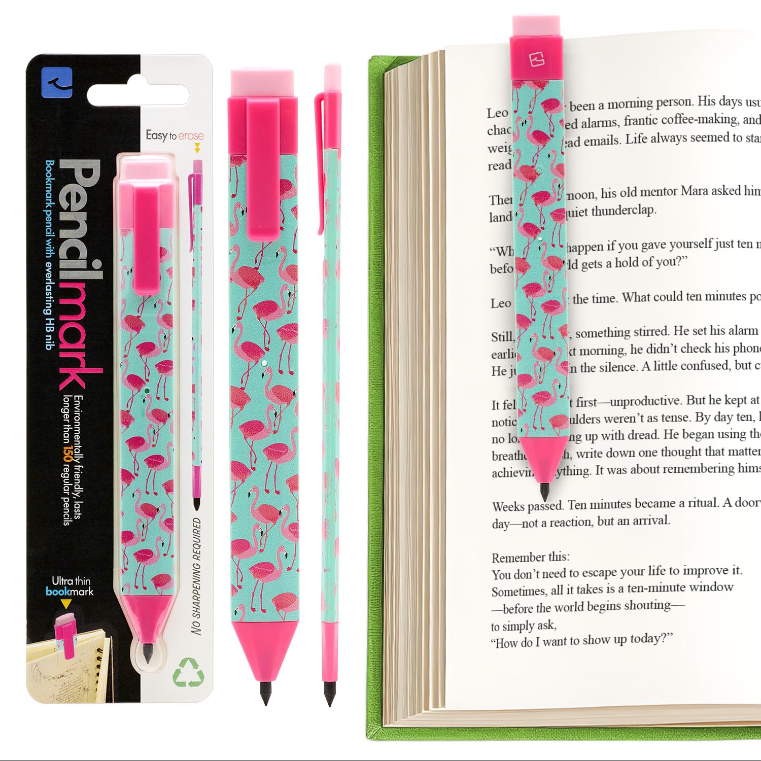 Gifts for Readers & Writers Pencil Bookmark & Page Marker - Slim Writing Tool & Stationery Accessory for Journal, Notebook, Planner, Book Annotations & Pencilmark Flamingo