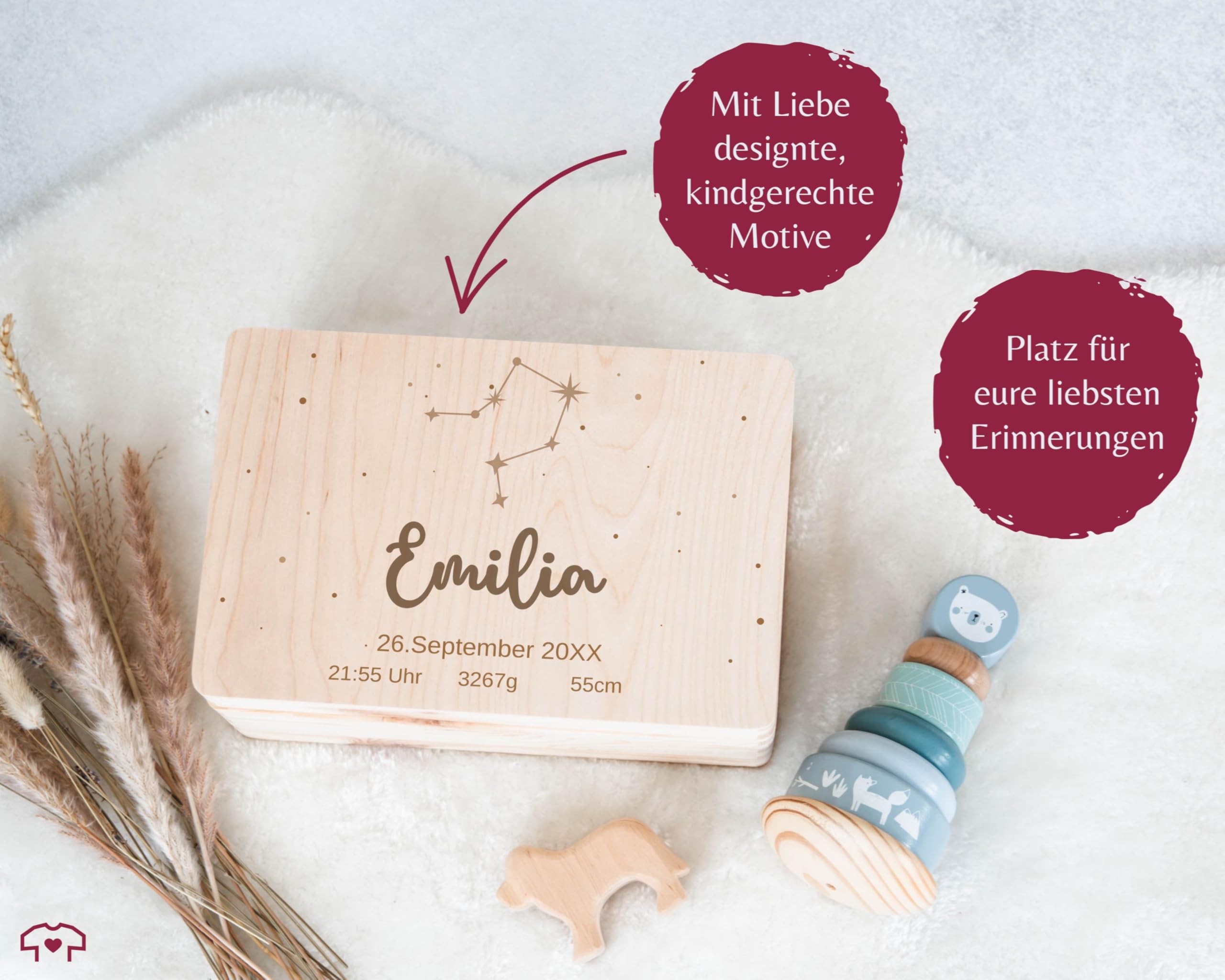 Holz Erinnerungsbox Geschenkbox Holzkiste - Zur Geburt - Sternzeichen mit Datum und Geburtsdaten - personalisiert Baby Geschenk Deko - 30 x 20 x 14 - Holz - babygeschenke erinnerungskiste