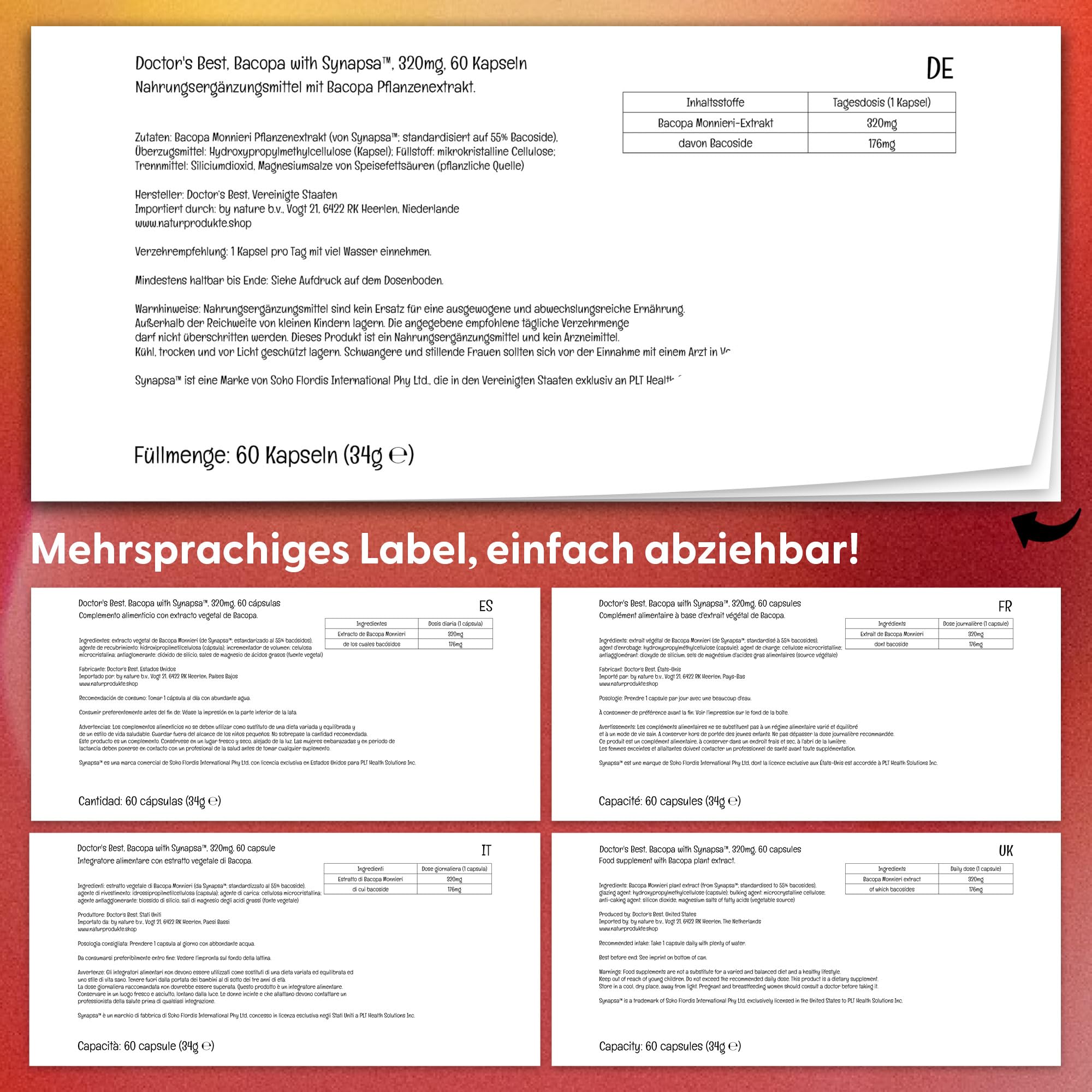 Doctor's Best, Bacopa mit Synapsa, 60 vegane Kapseln, 320mg Bacopa Monnieri-Extrakt je Dosis, Glutenfrei, Sojafrei, GMO frei, Geschmacksneutral