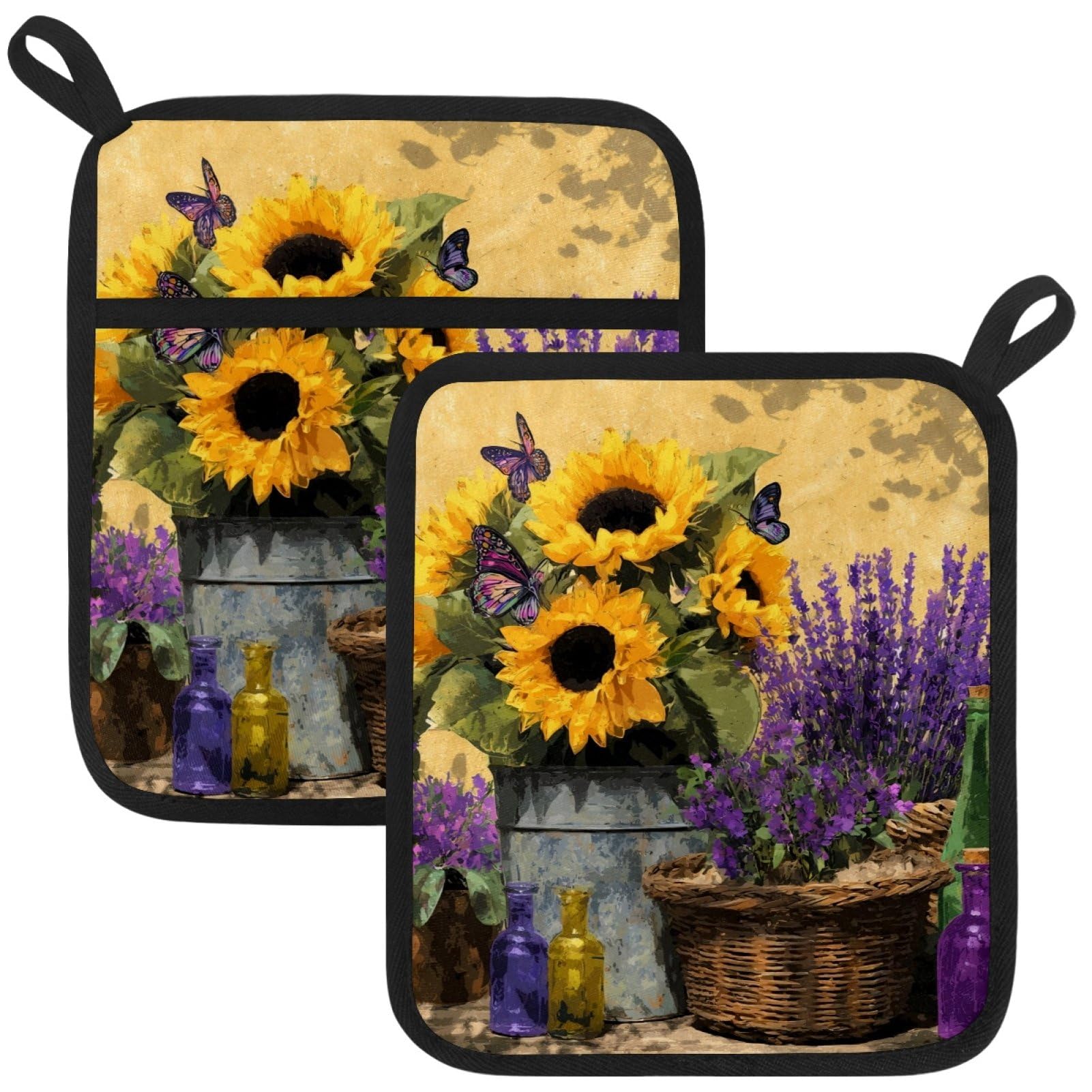 VAPOKF Farmhouse Sunflowers Kitchen Hot Pot Holder, Pot Holders Heat Resistant Pot Holder with Pocket Heat Resistant Trivets for Hot Pans Cotton Pot Mitts for Kitchen Cooking Baking