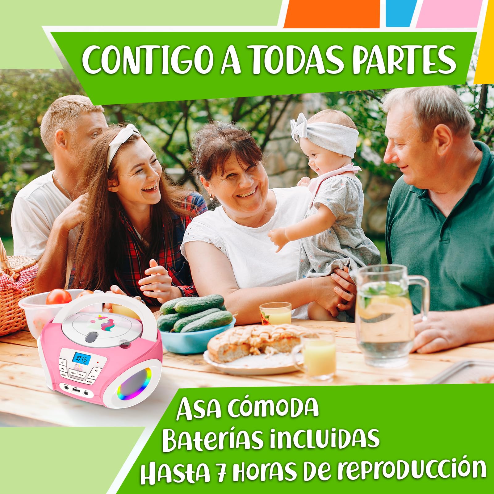 Tinygeeks Tunes Reproductor de CD para niños - Nuevo - Radio FM y baterías Incluidas - Radio CD con Altavoces, USB, AUX - El Regalo Ideal para niños y niñas - Rosa