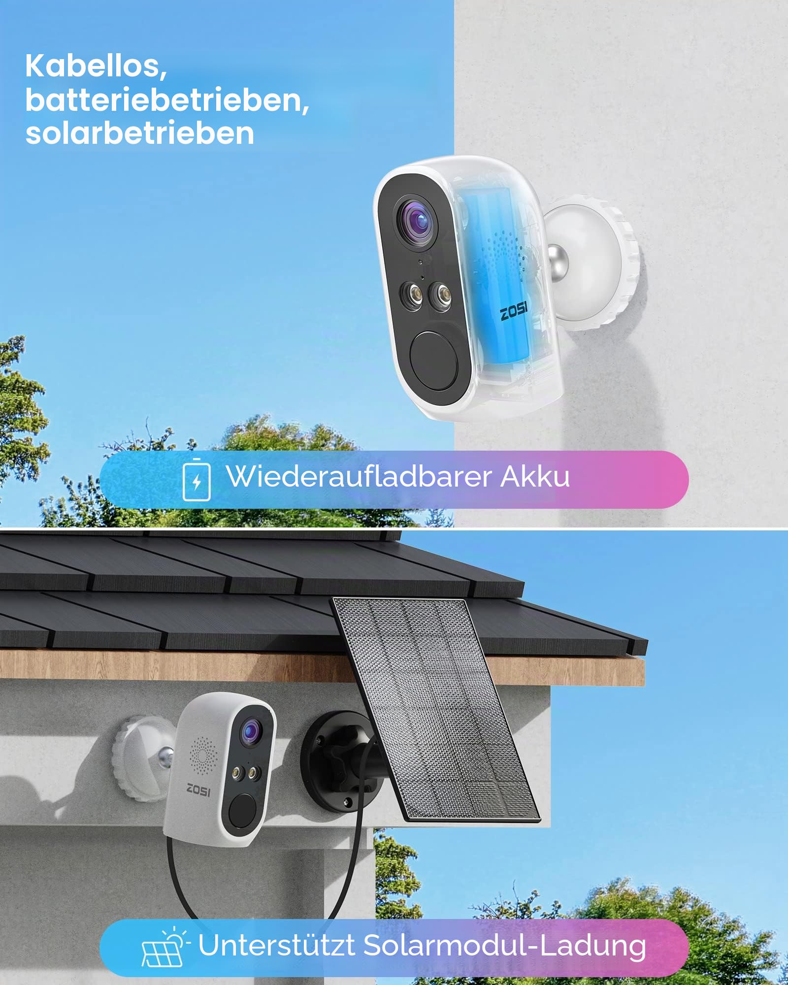 ZOSI Akku Überwachungskamera mit Solarpanel 3MP Kabellos IP Kamera Aussen