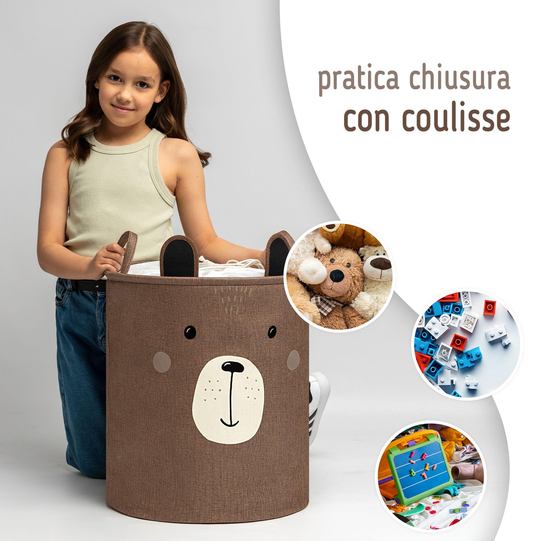 SIPO Cestino giocattolo Premium, XXL 63 l, marrone Bear, organizer pieghevole con coulisse, impermeabile, maniglie, design scandinavo
