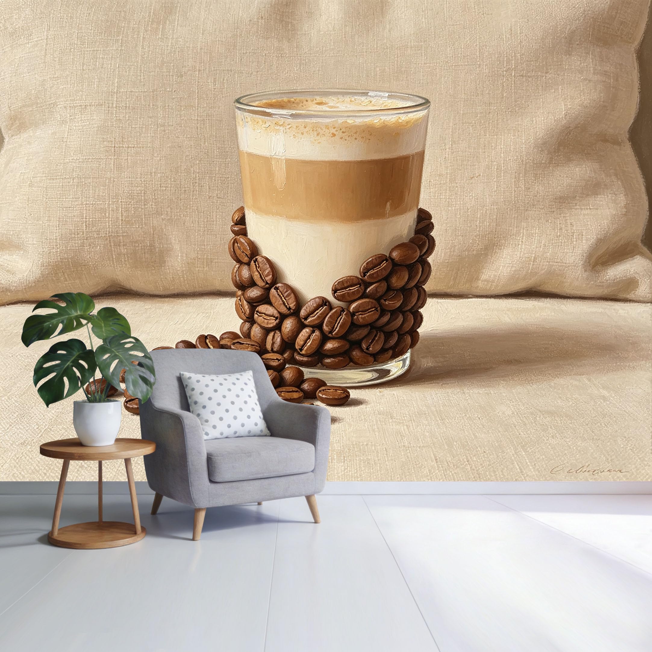 Custom Size Wall Mural Coffee Latte Art Glass with Roasted Beans Minimalist Still Life SelfAdhesive Wall Fabric Removable Wallpaper for Home Office Decor